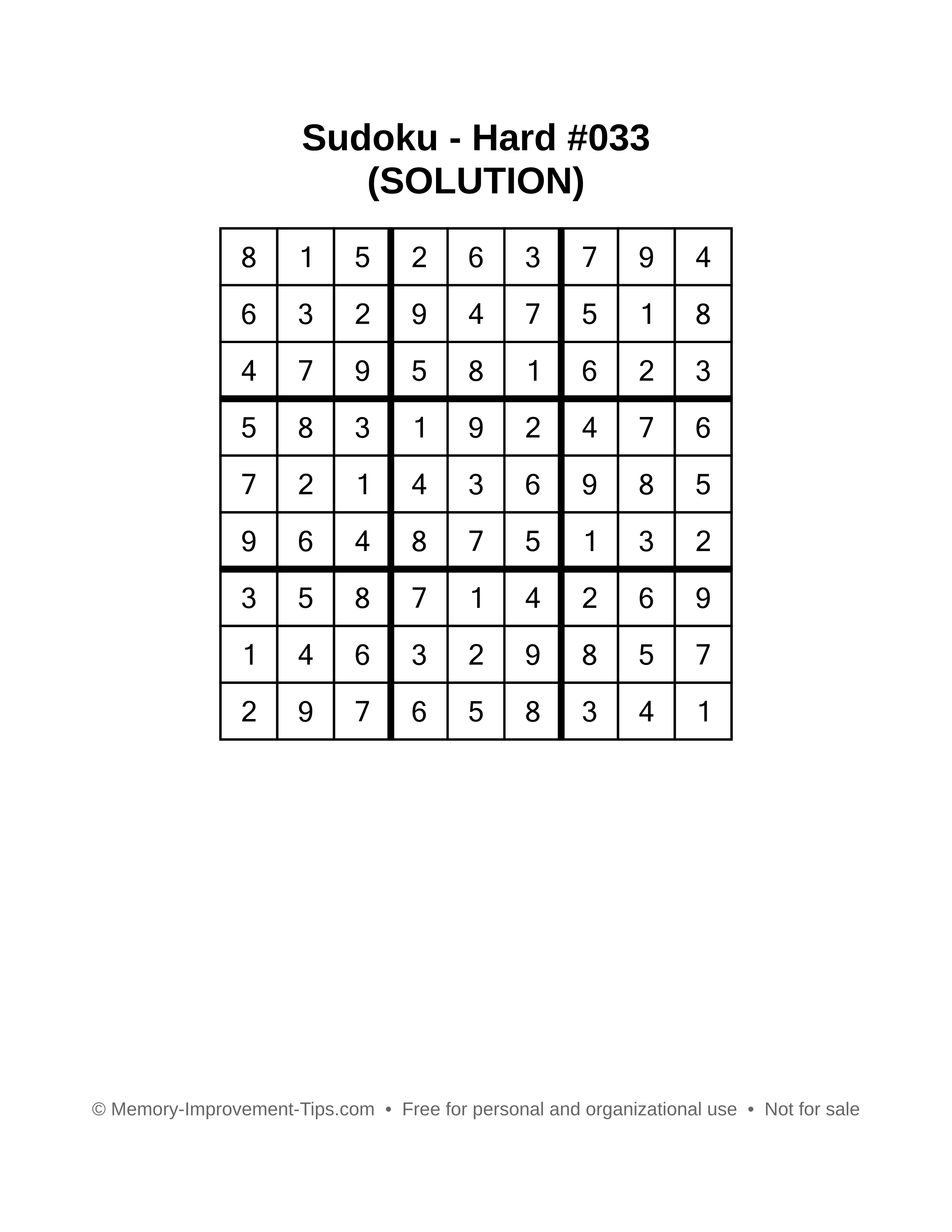 Printable Sudoku solution Hard #033