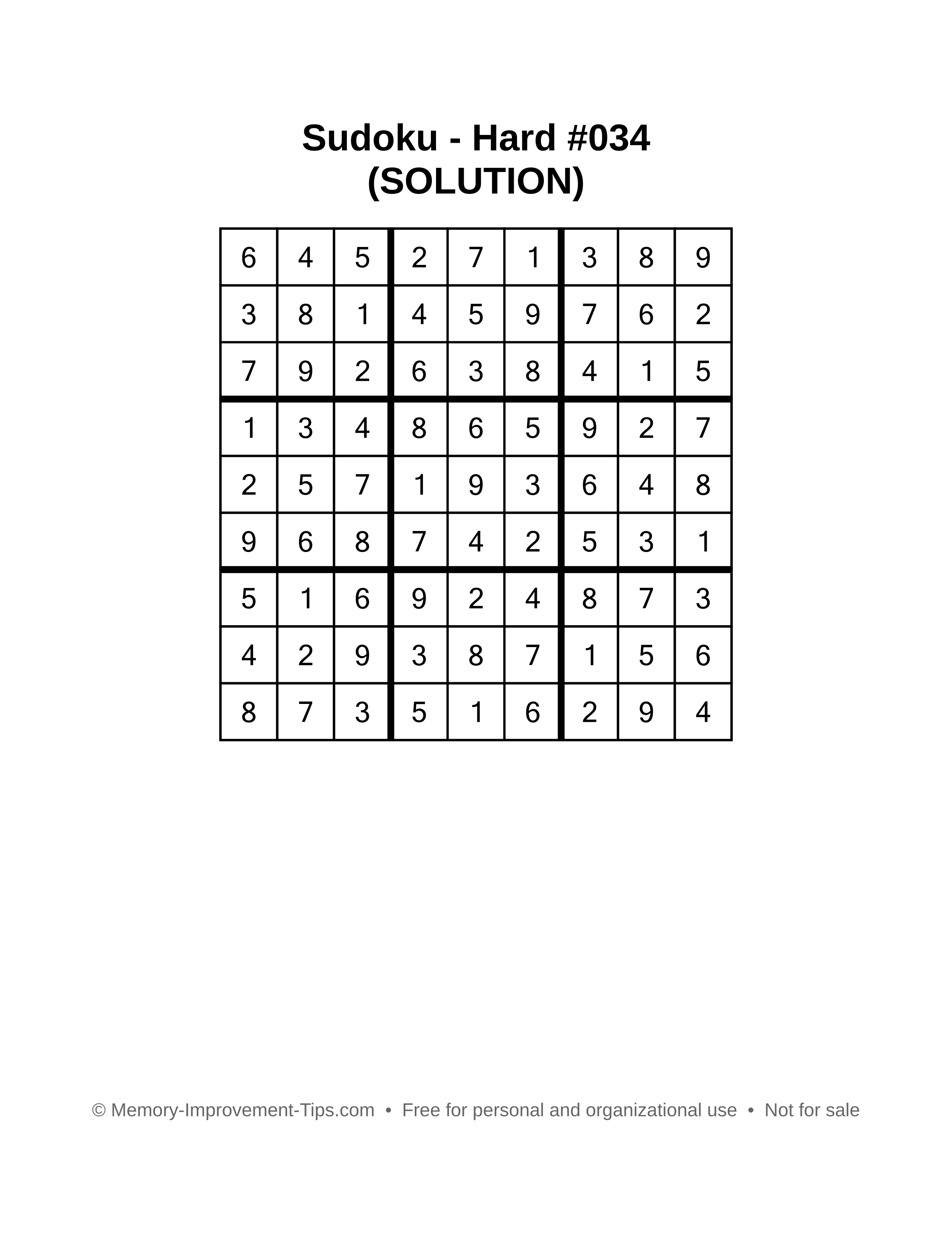 Printable Sudoku solution Hard #034