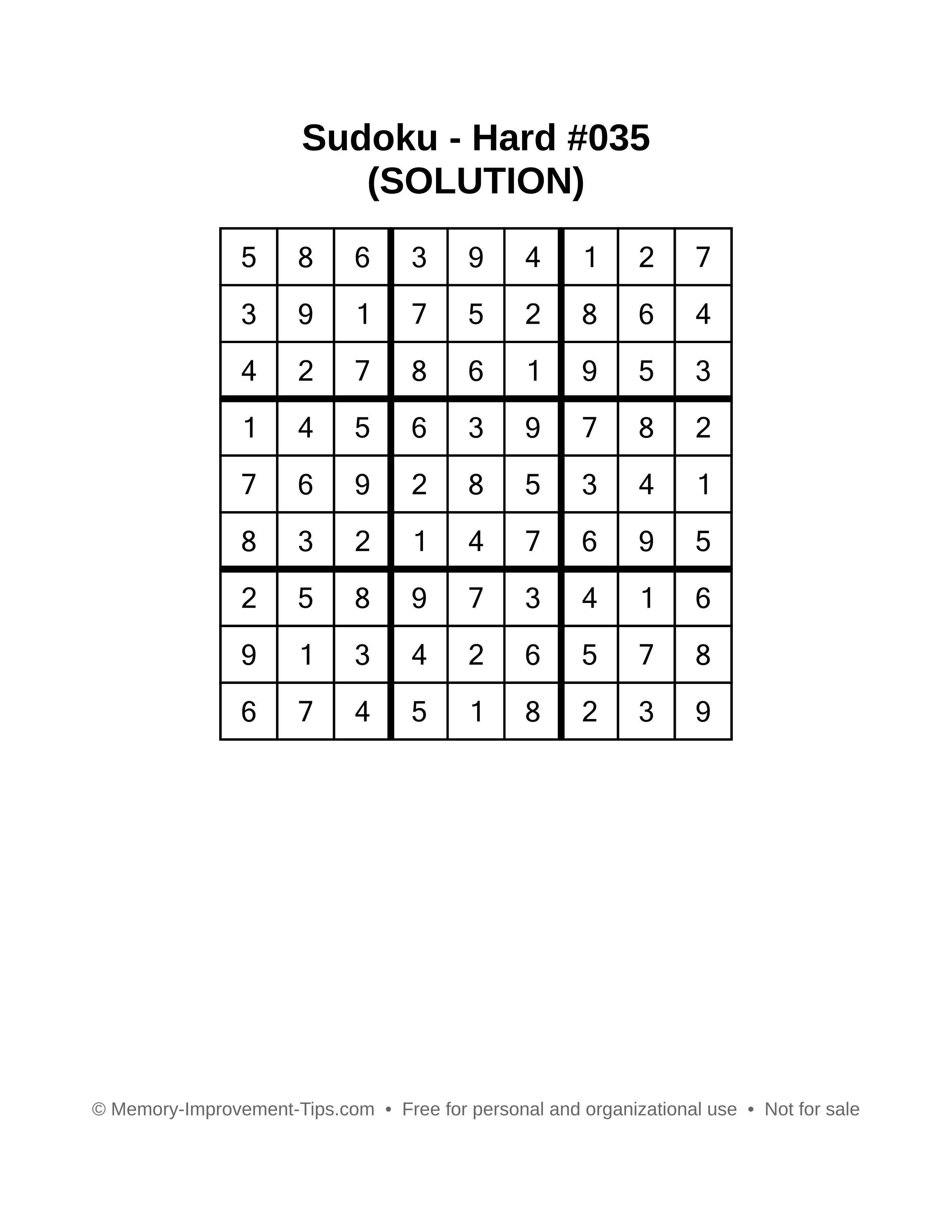 Printable Sudoku solution Hard #035