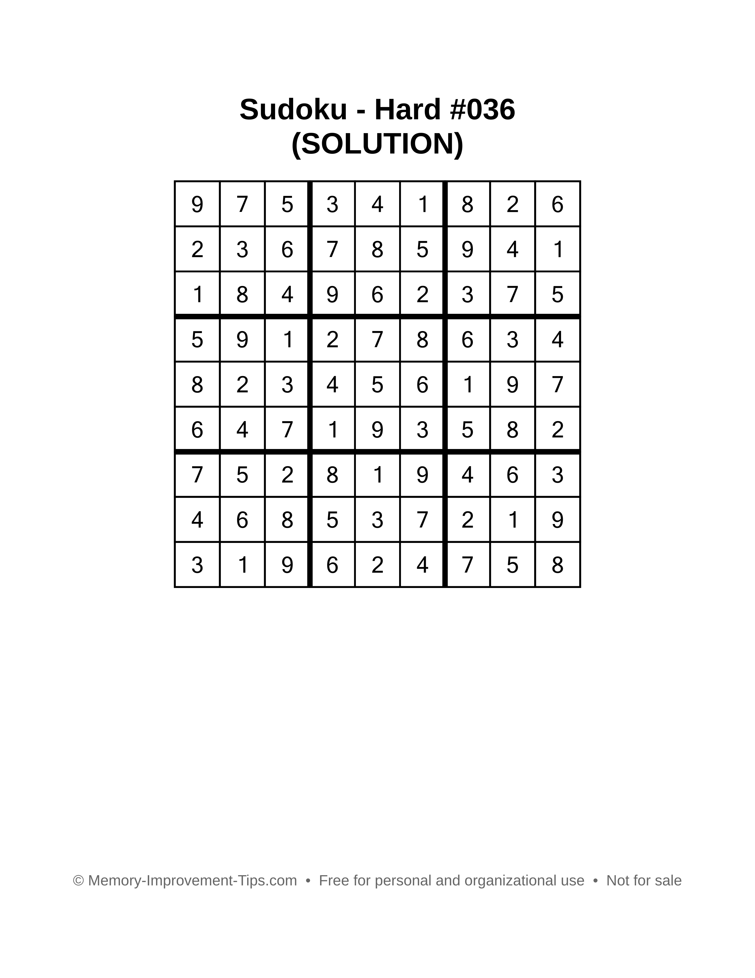 Printable Sudoku solution Hard #036