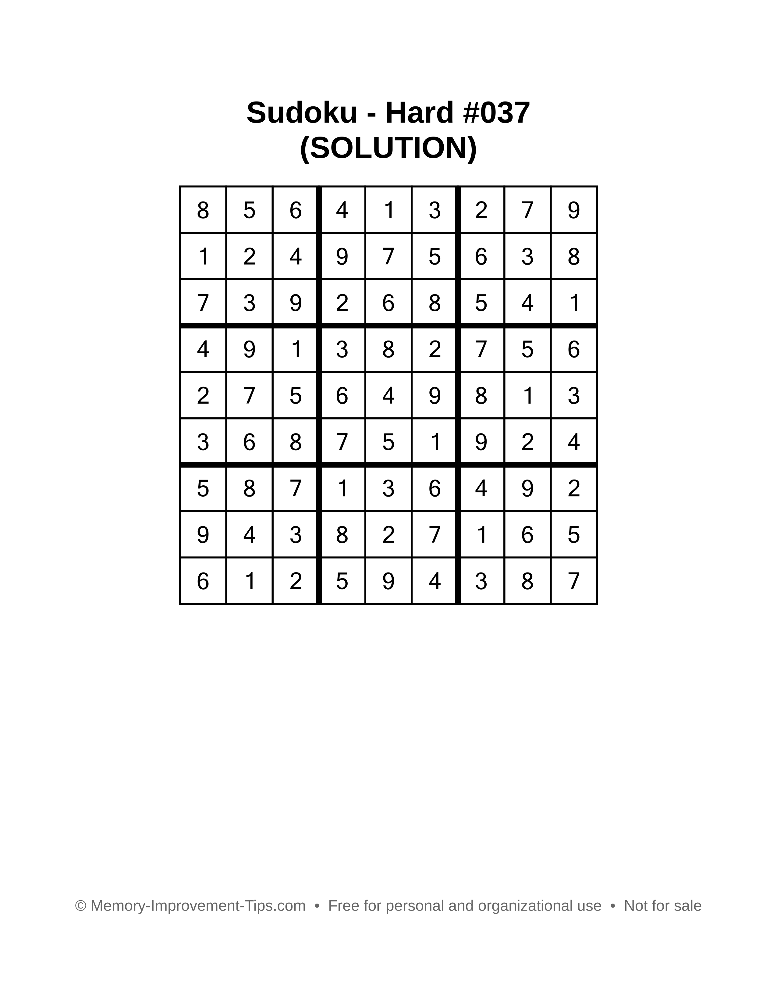 Printable Sudoku solution Hard #037