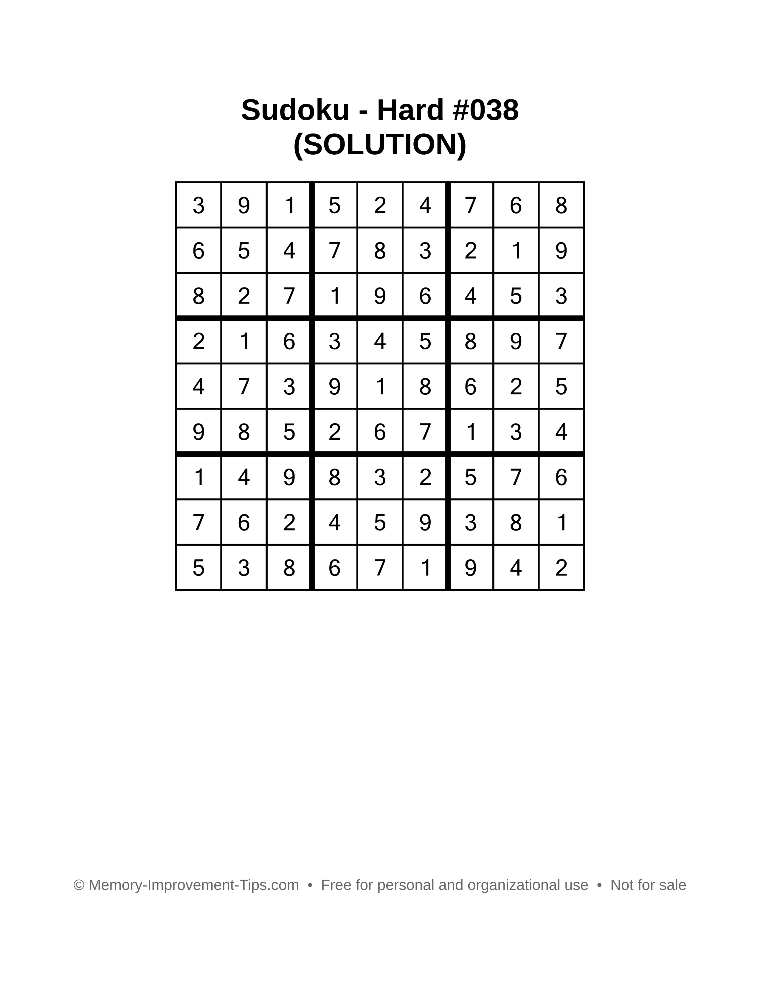 Printable Sudoku solution Hard #038