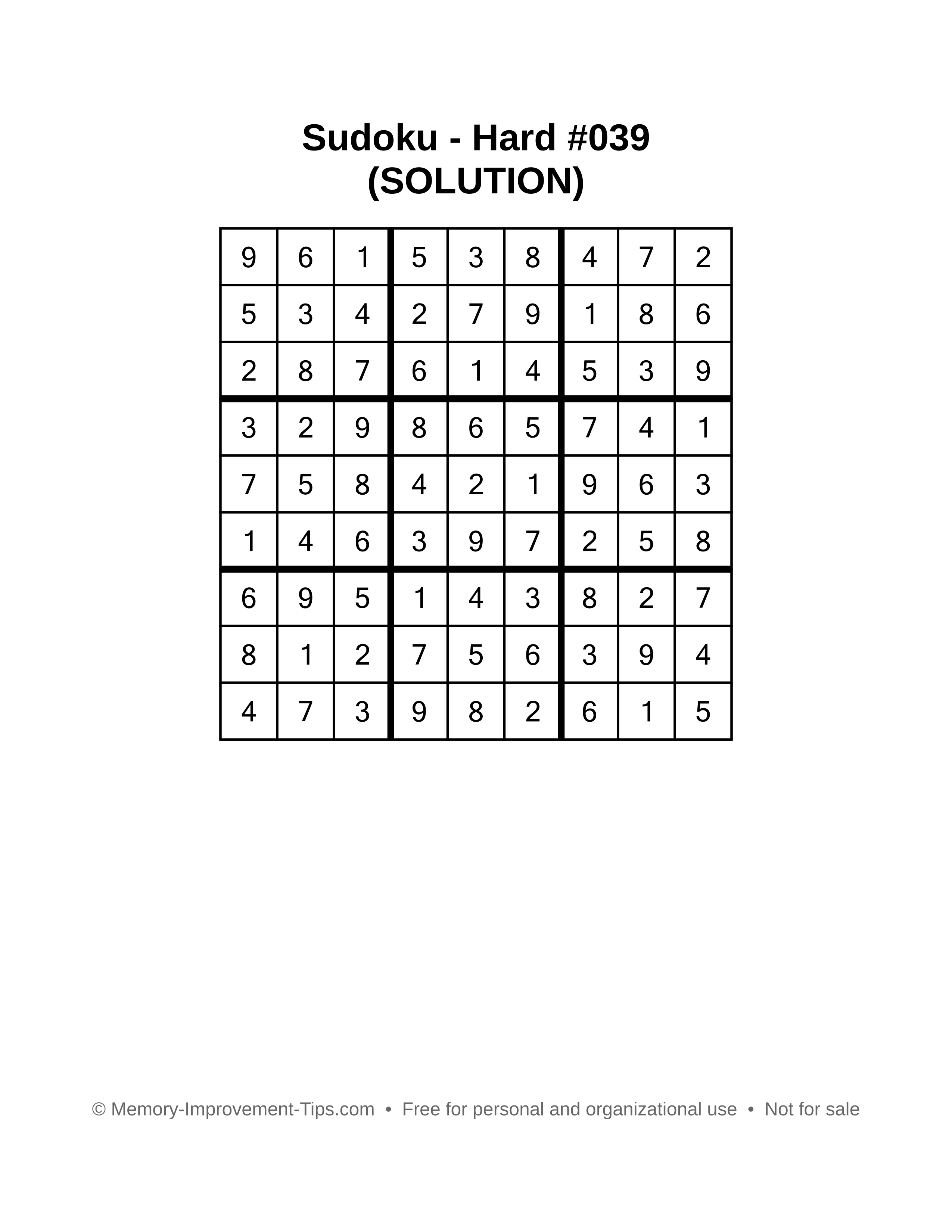 Printable Sudoku solution Hard #039