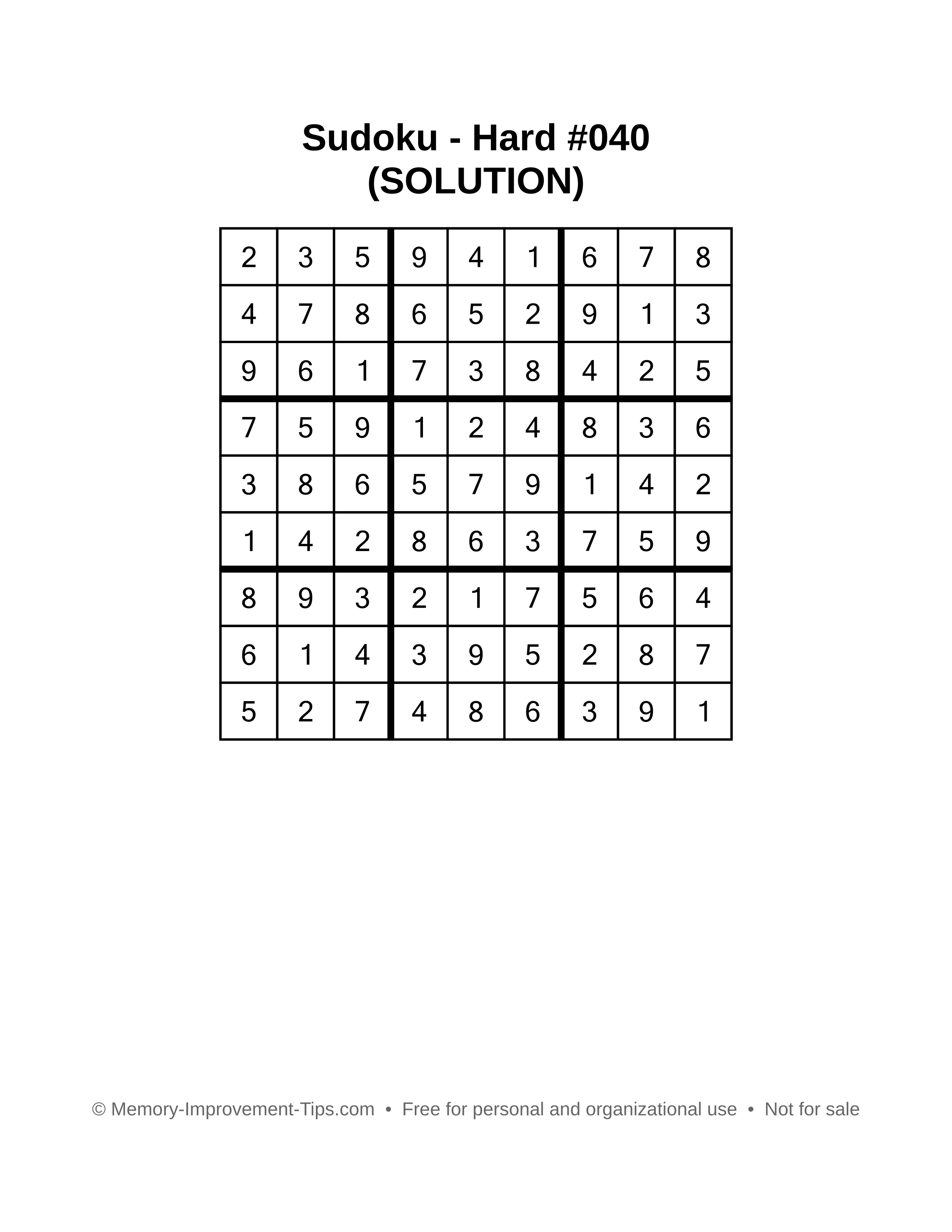 Printable Sudoku solution Hard #040