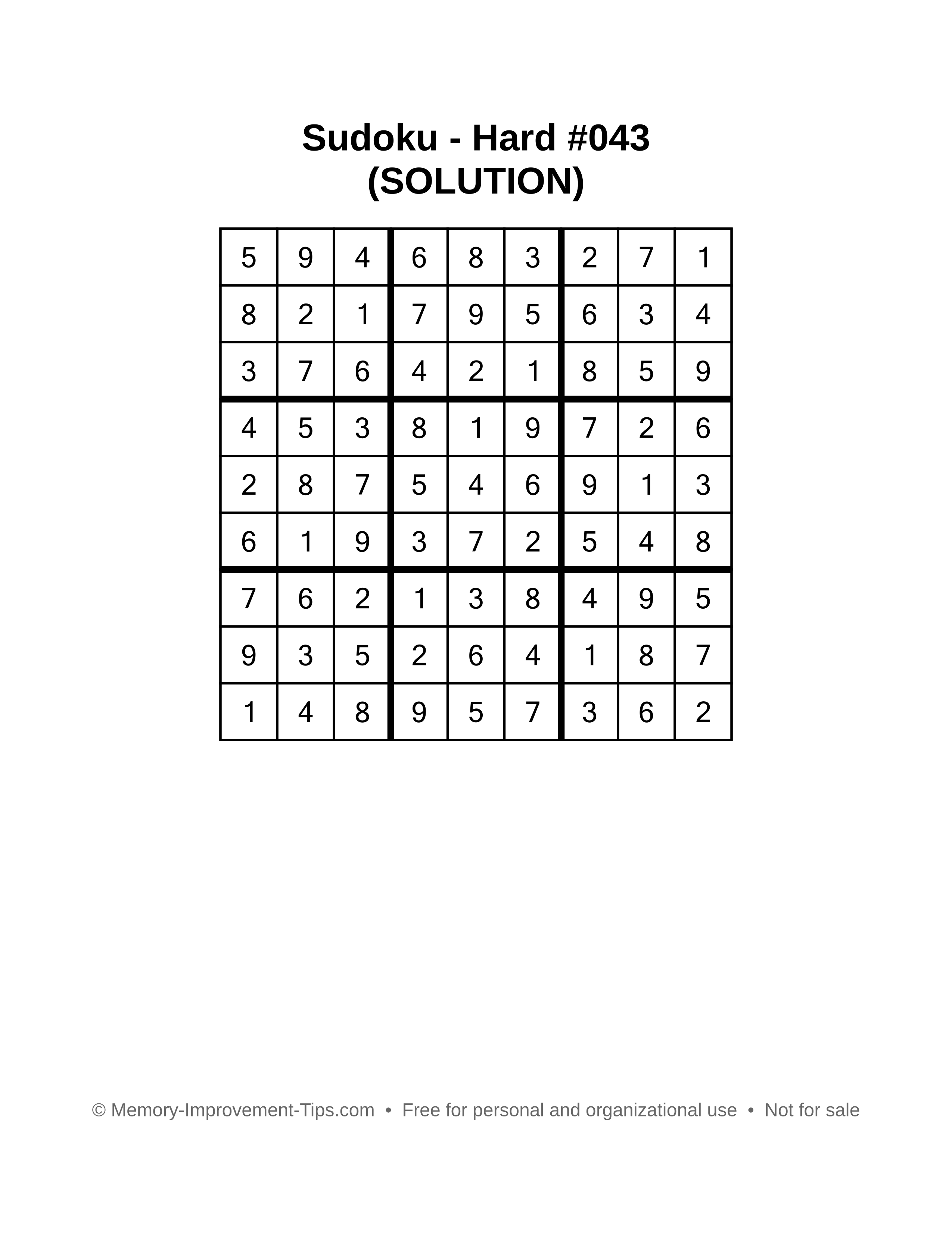 Printable Sudoku solution Hard #043