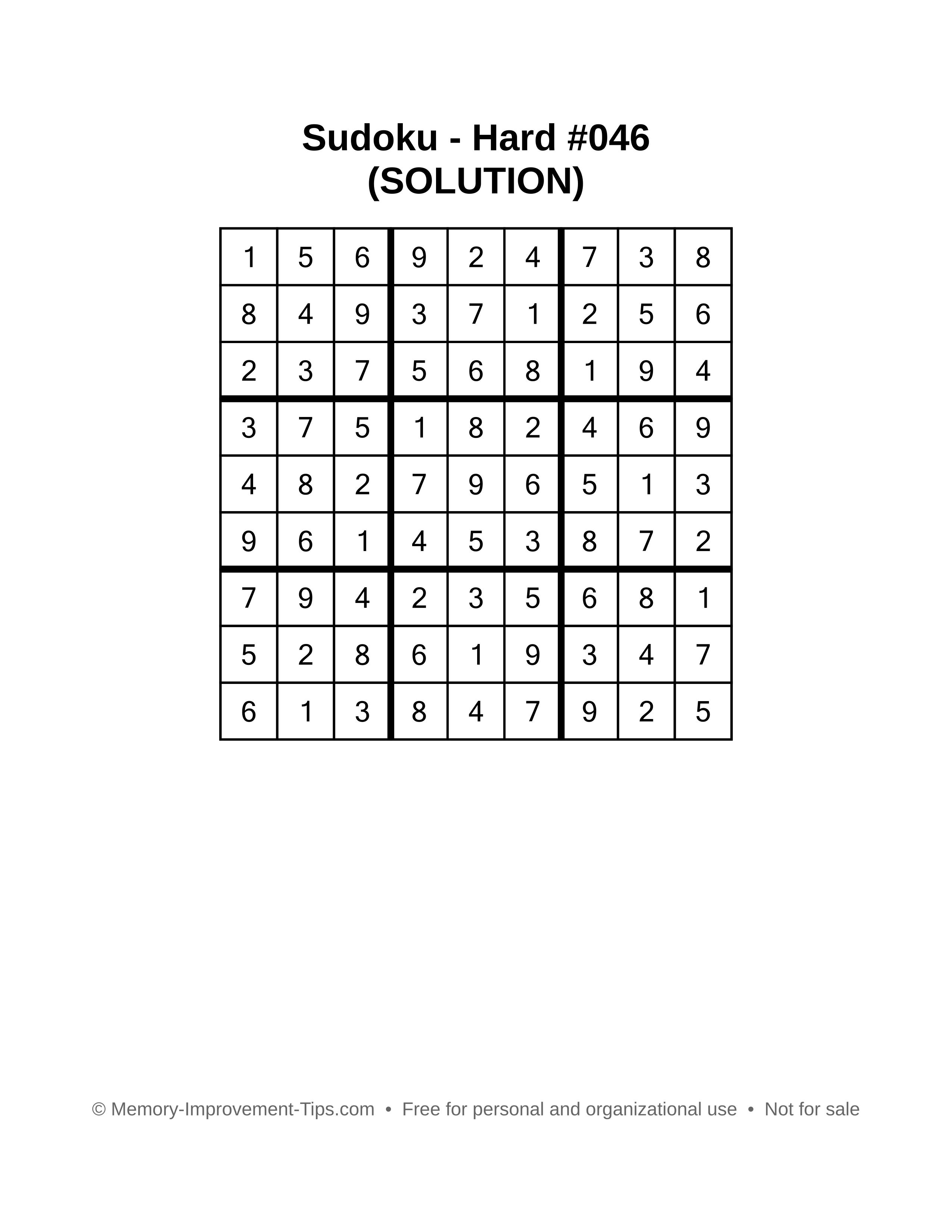 Printable Sudoku solution Hard #046