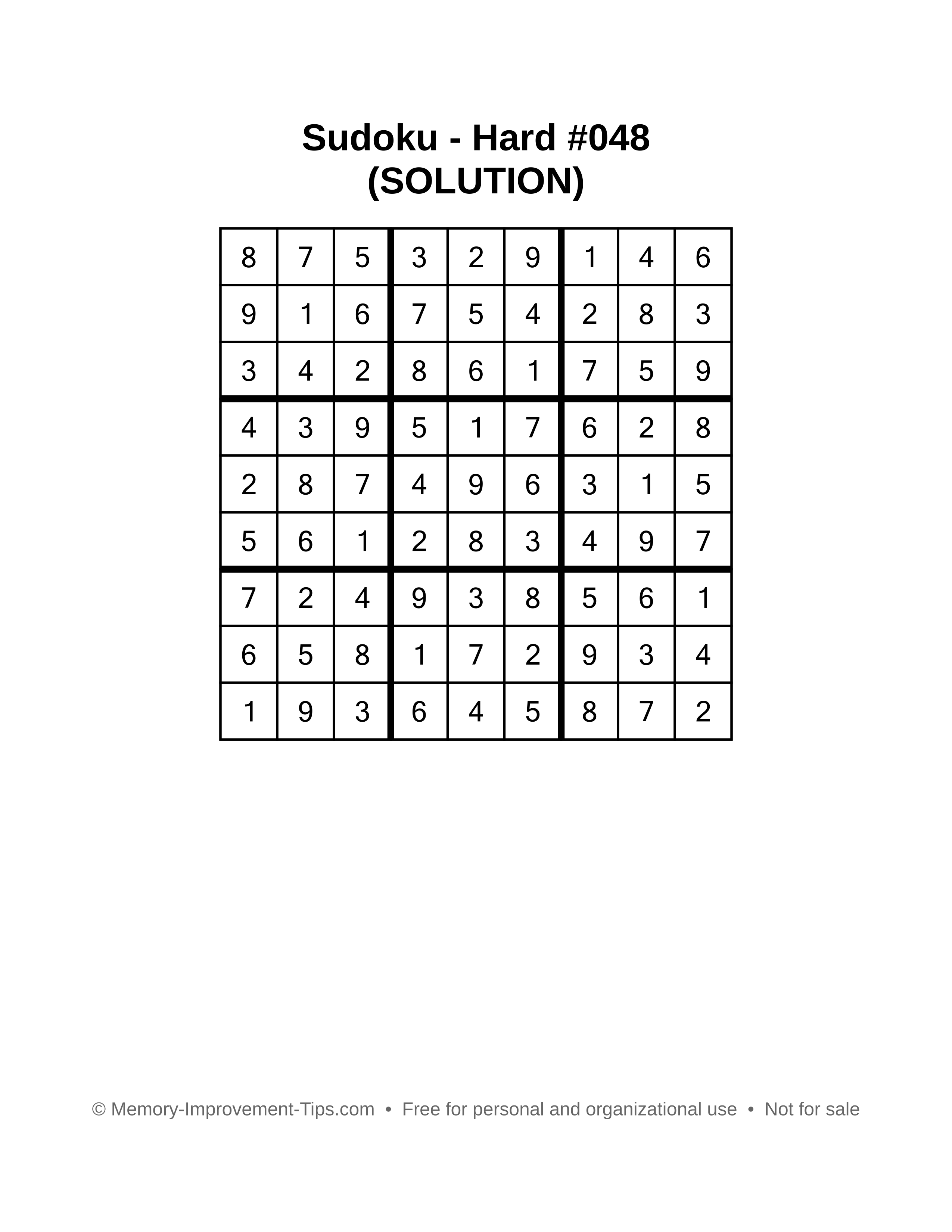 Printable Sudoku solution Hard #048