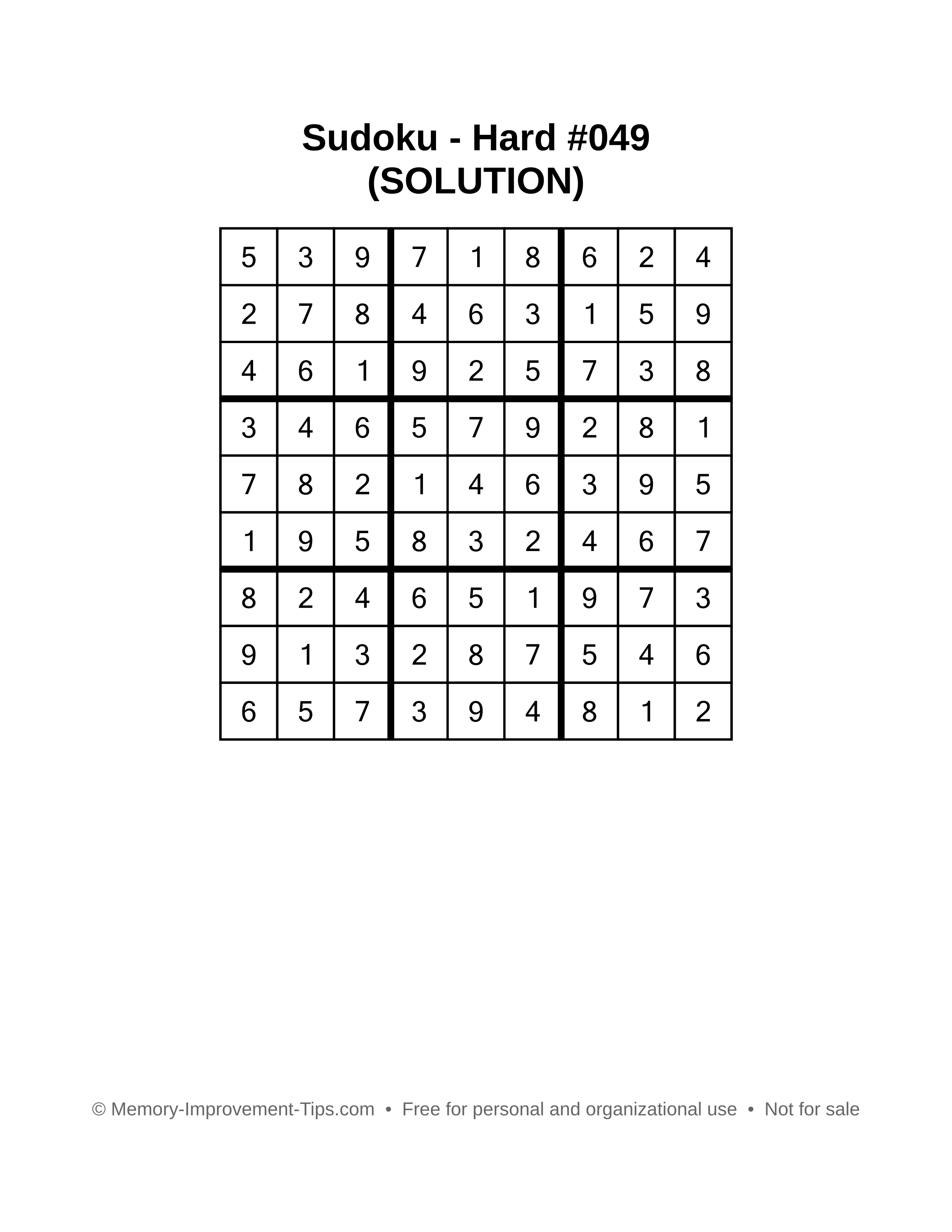 Printable Sudoku solution Hard #049
