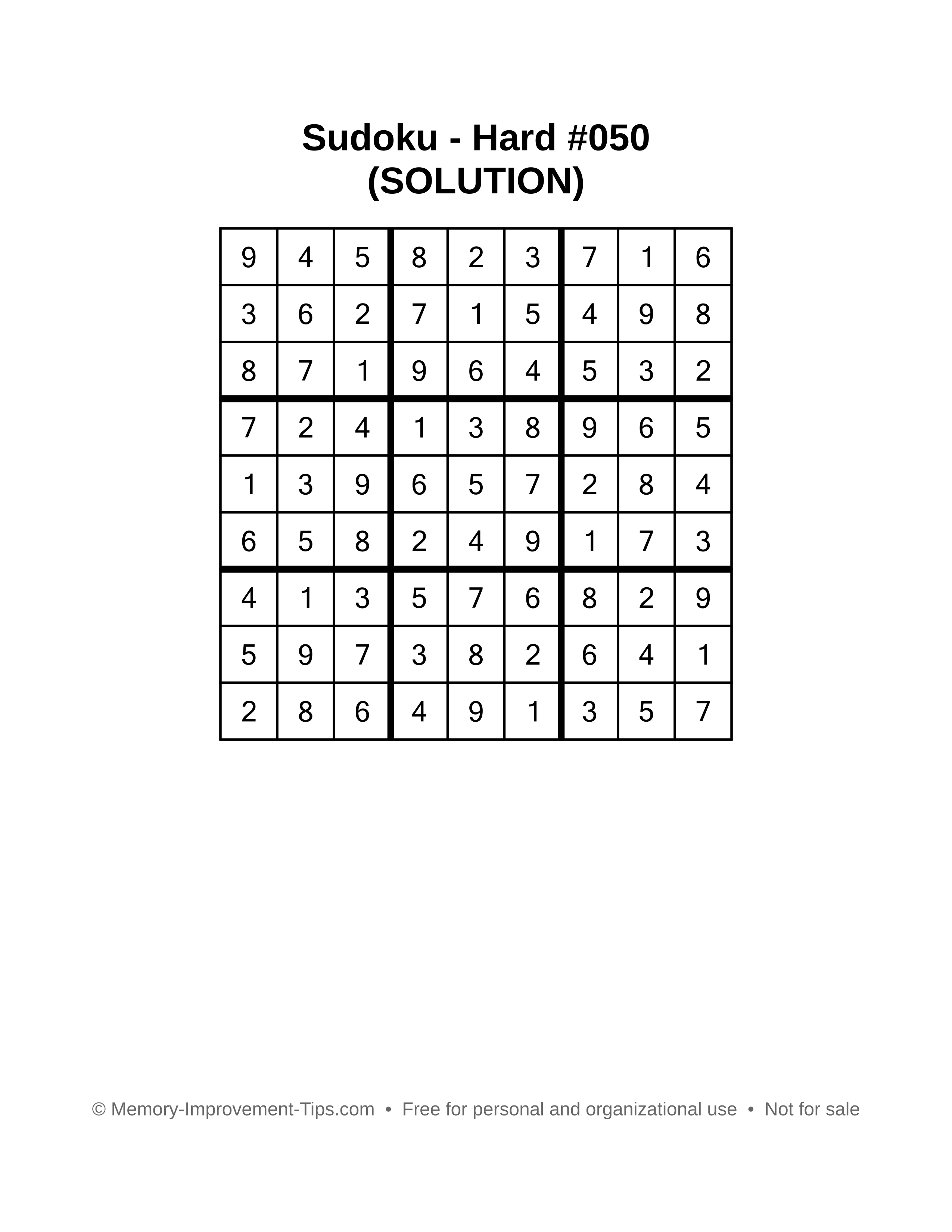 Printable Sudoku solution Hard #050