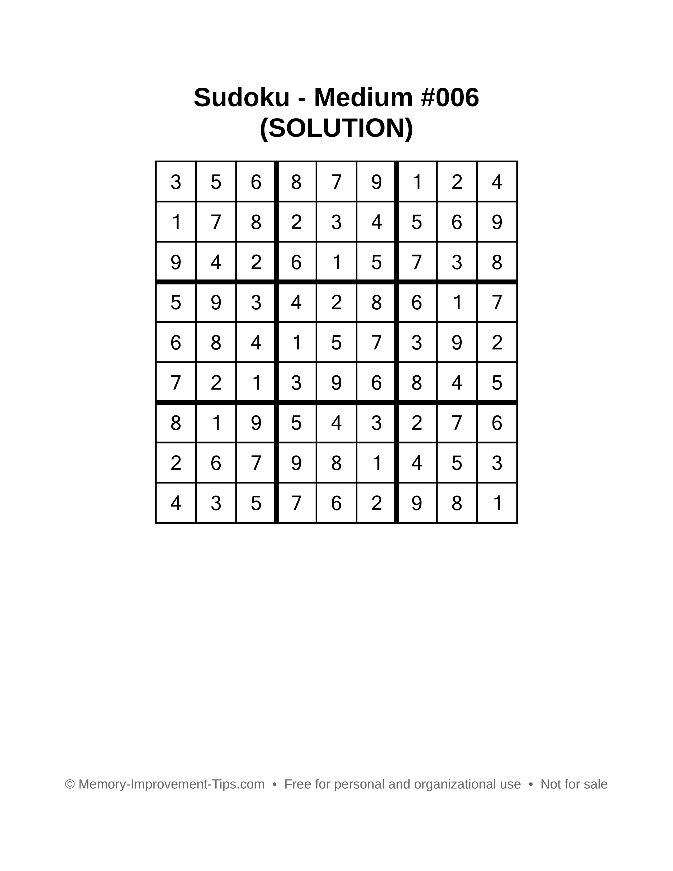 Printable Sudoku solution Medium #006