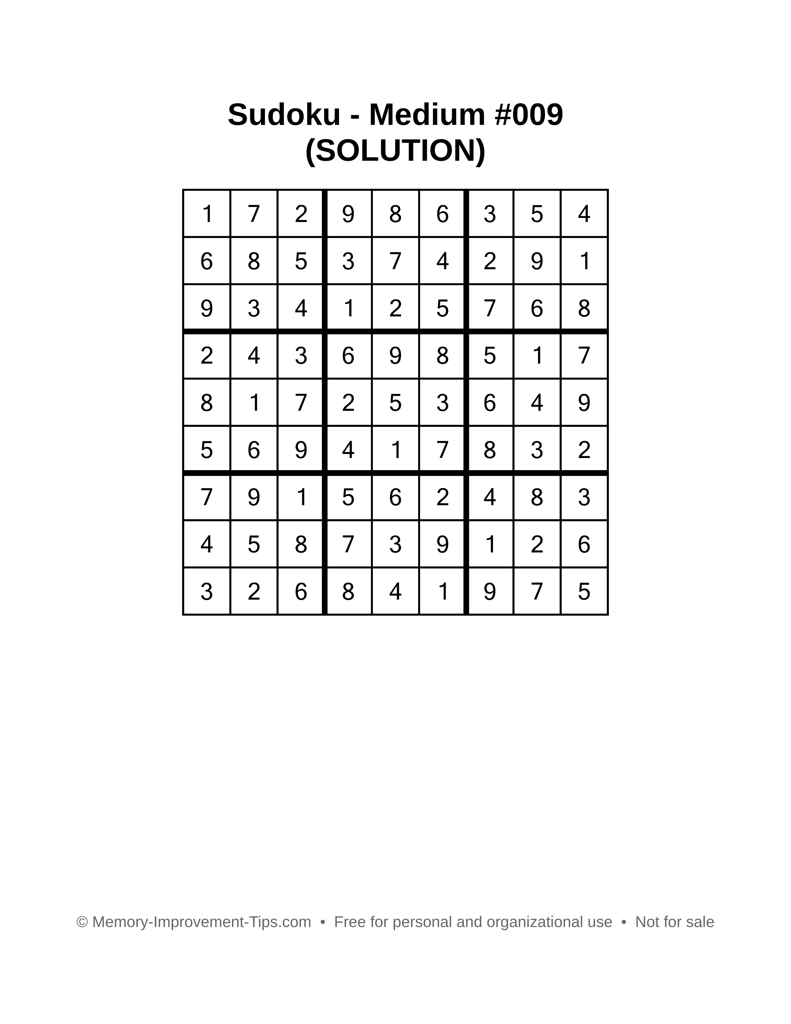 Printable Sudoku solution Medium #009
