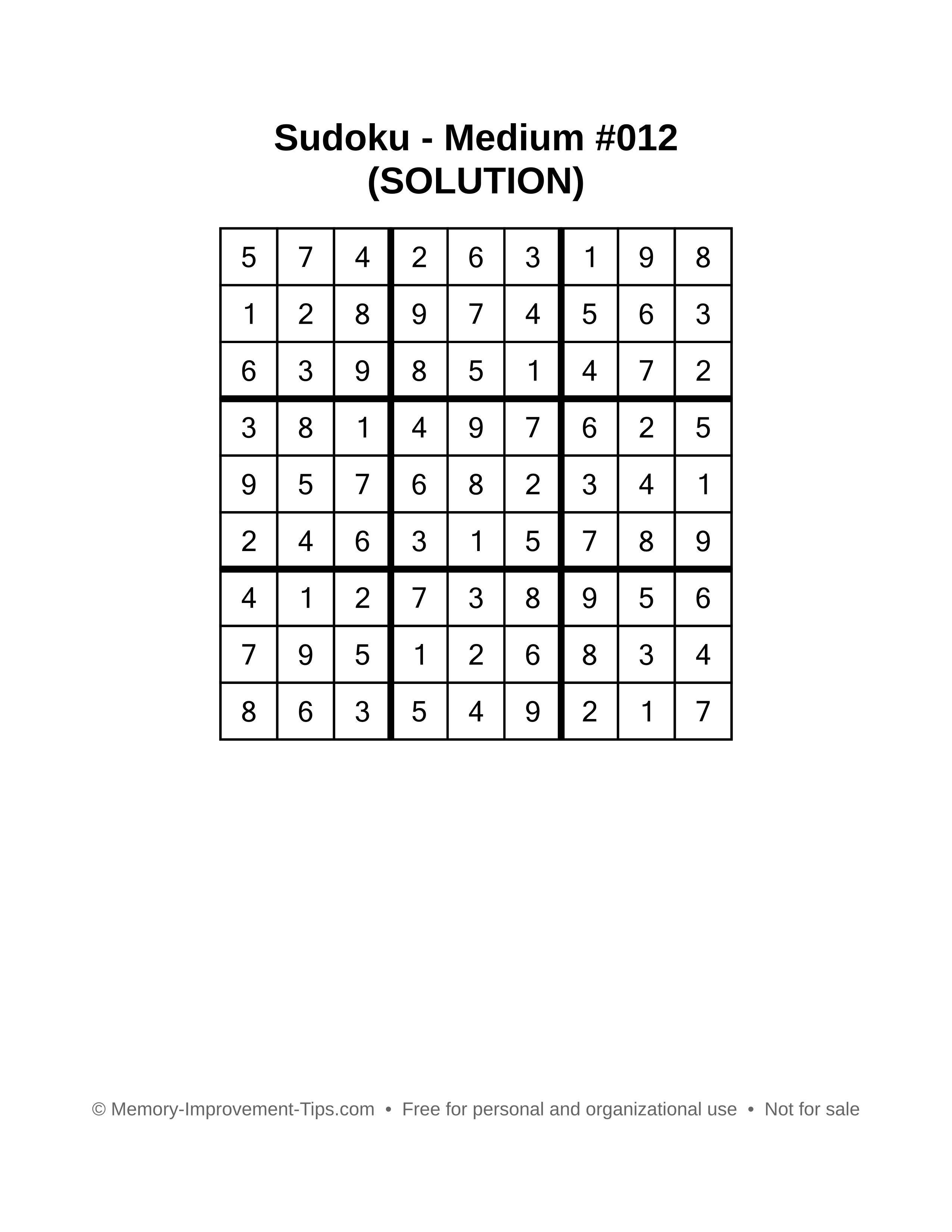 Printable Sudoku solution Medium #012