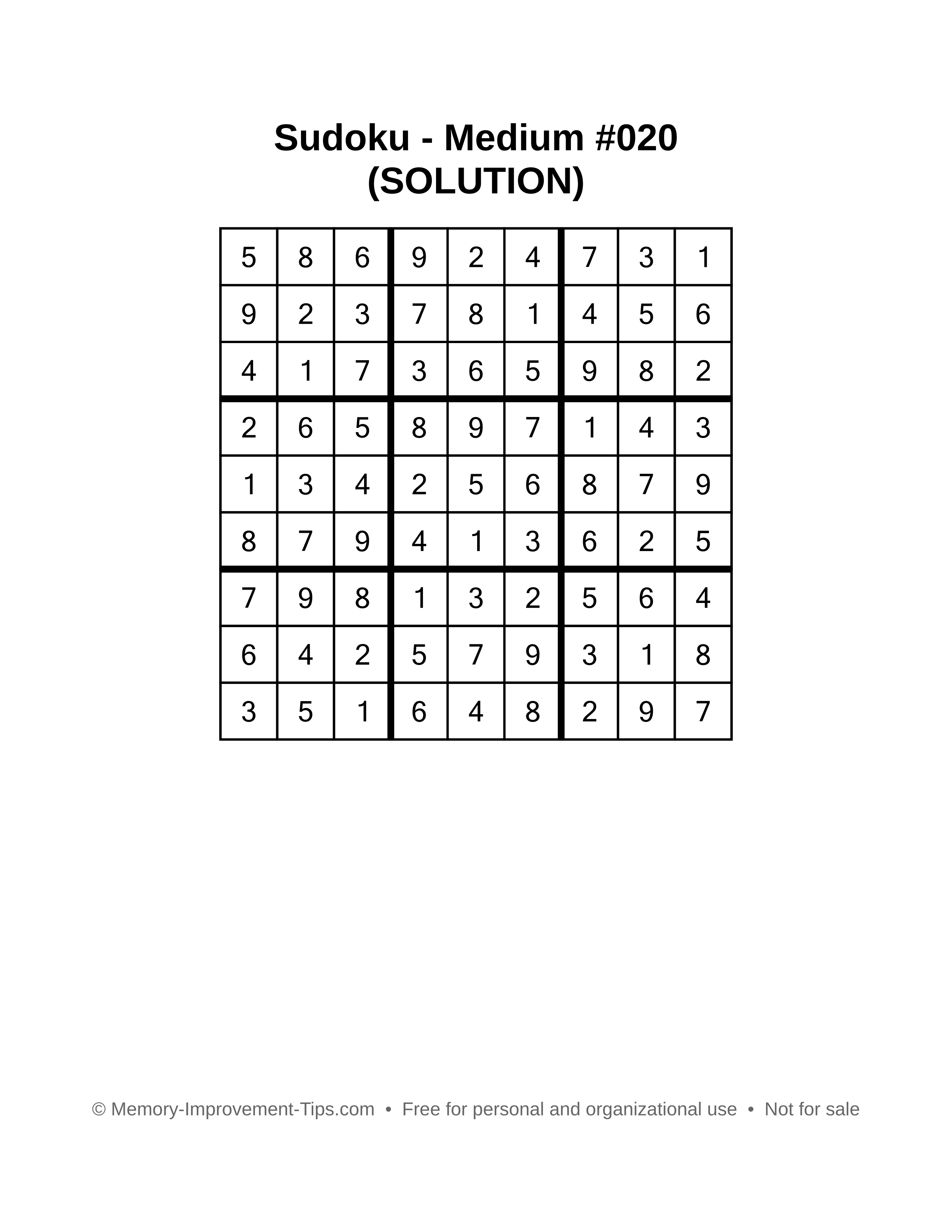 Printable Sudoku solution Medium #020