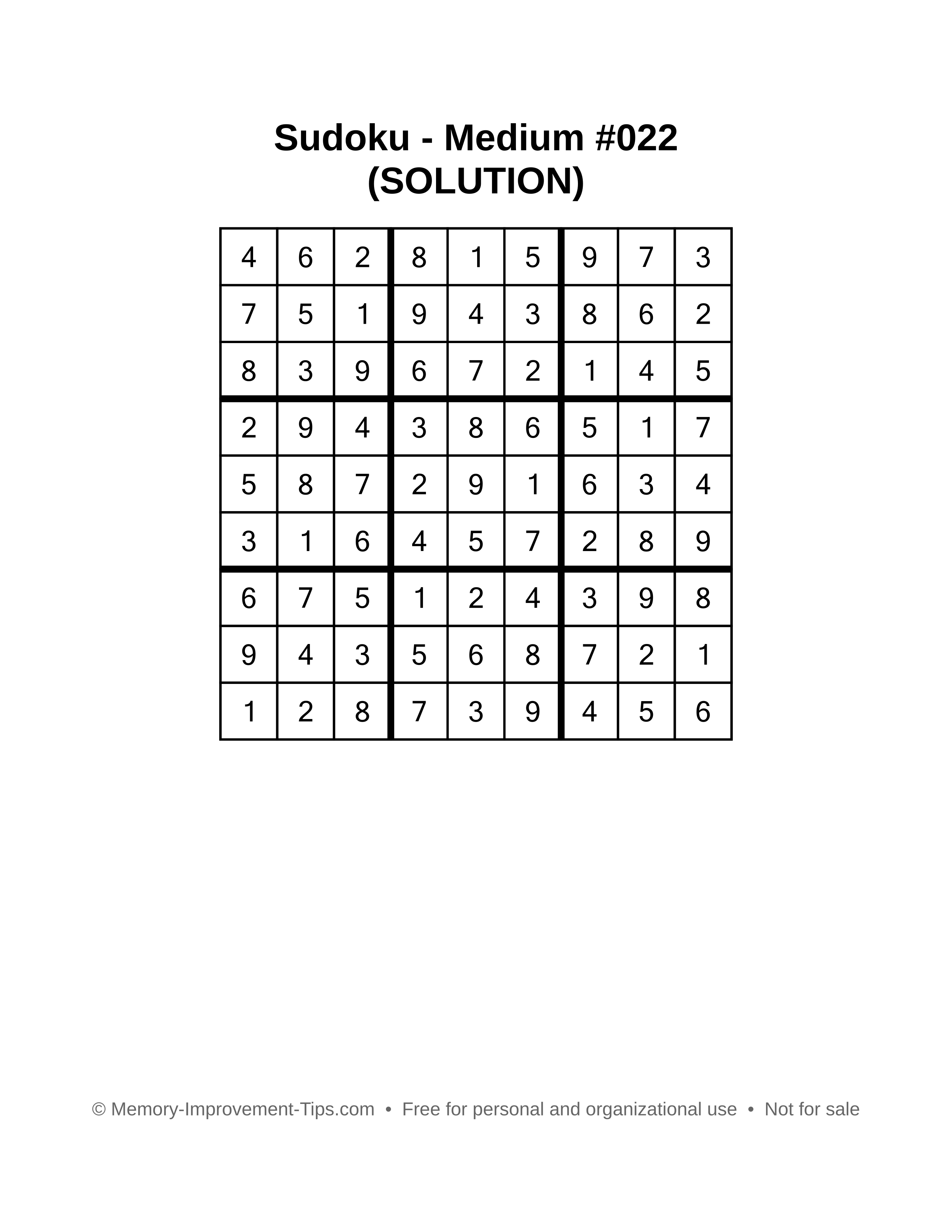 Printable Sudoku solution Medium #022