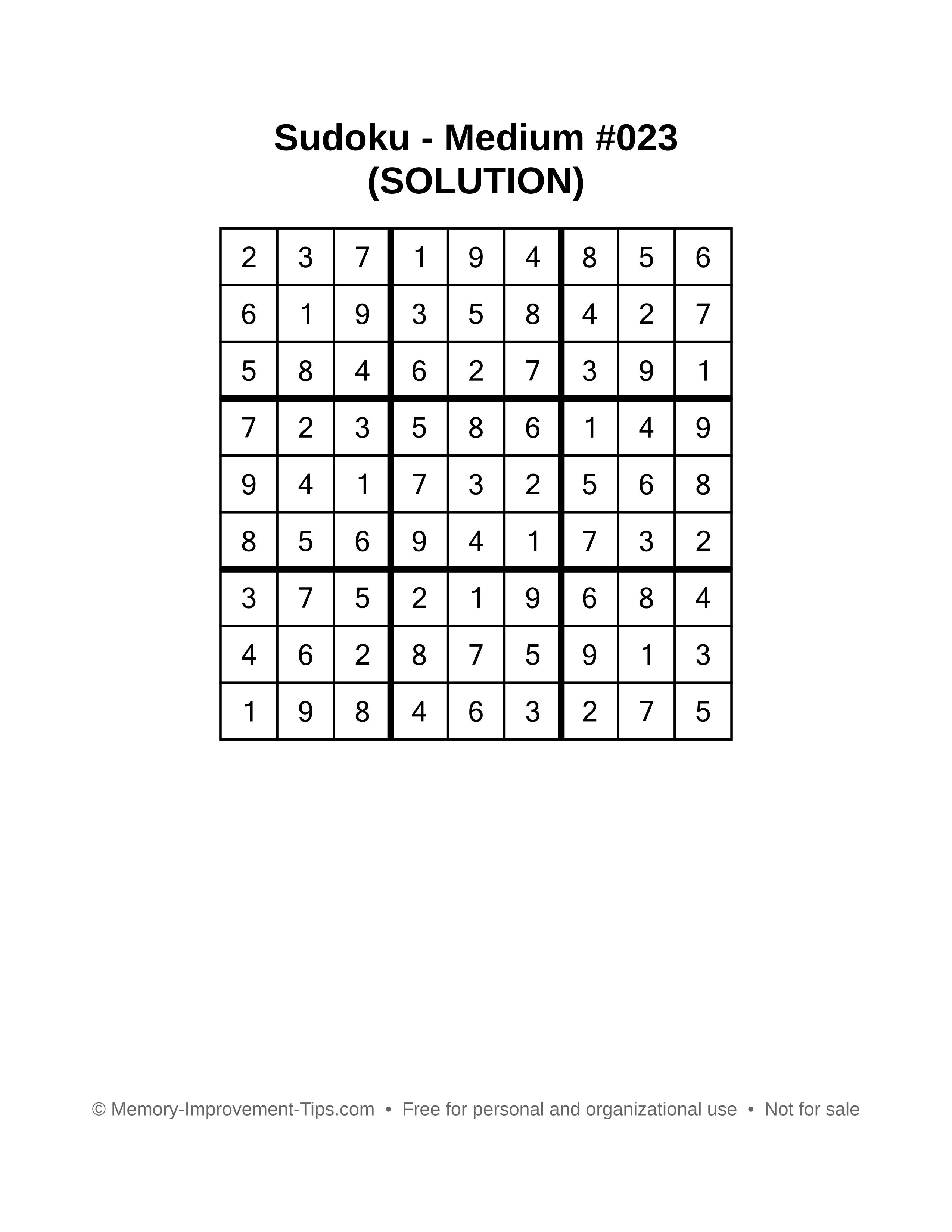 Printable Sudoku solution Medium #023