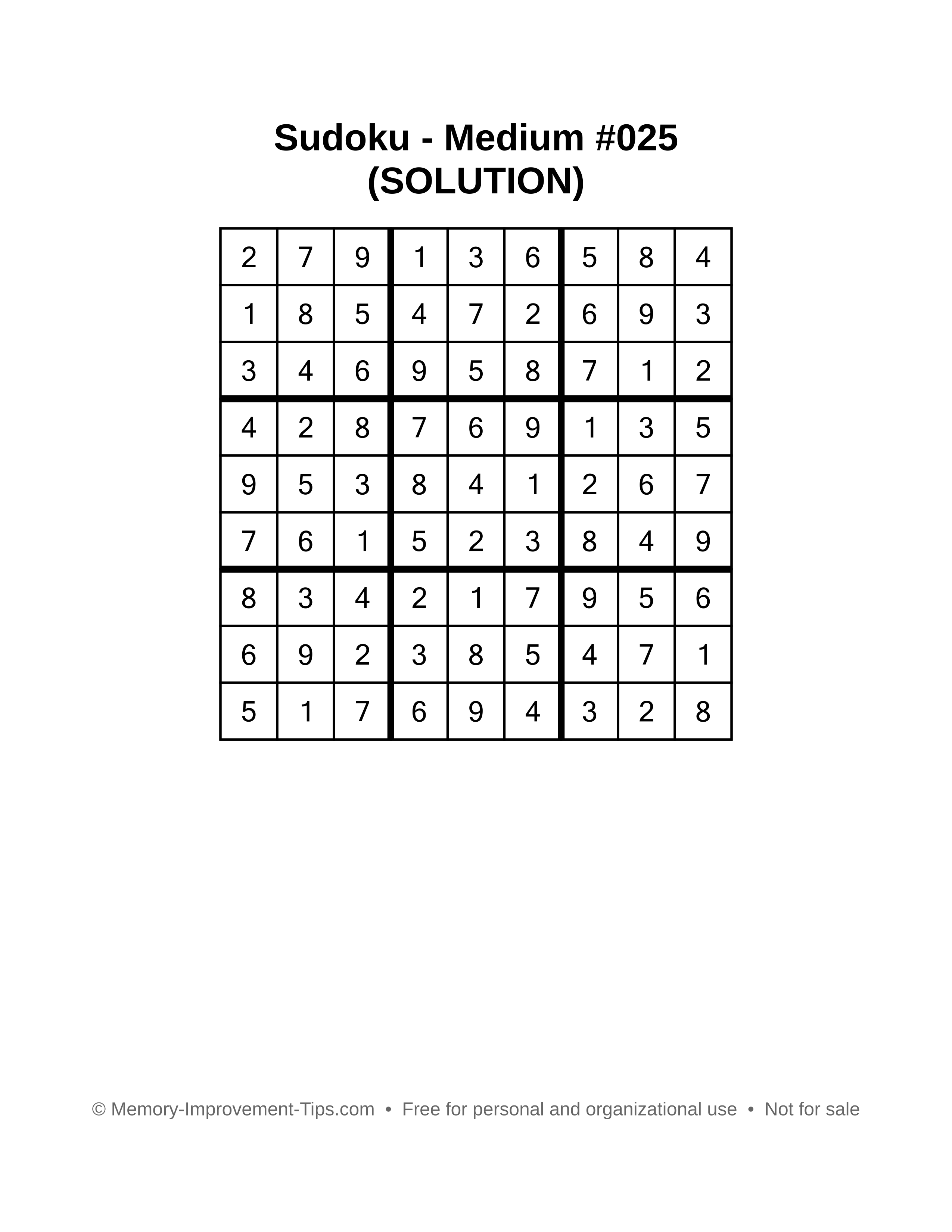 Printable Sudoku solution Medium #025