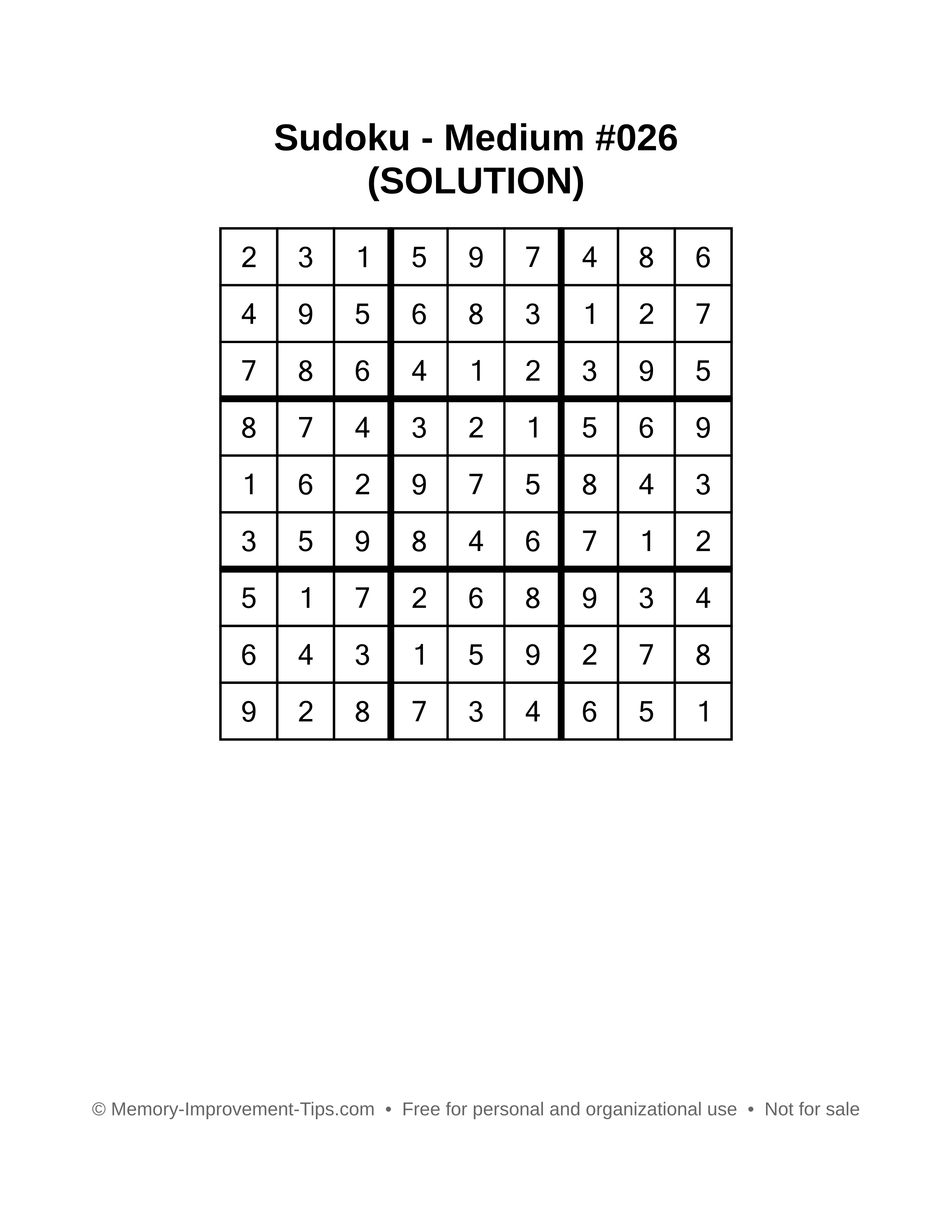 Printable Sudoku solution Medium #026