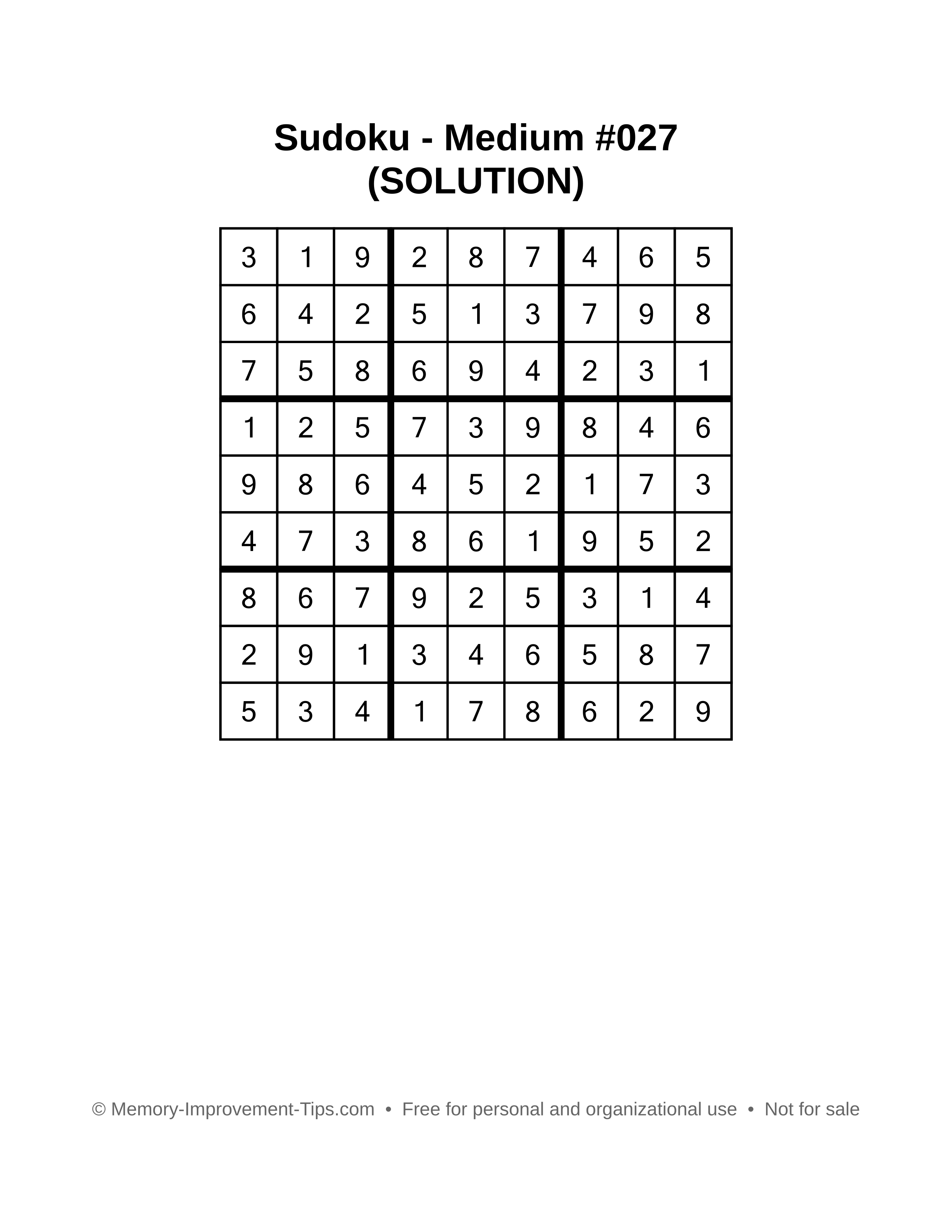 Printable Sudoku solution Medium #027