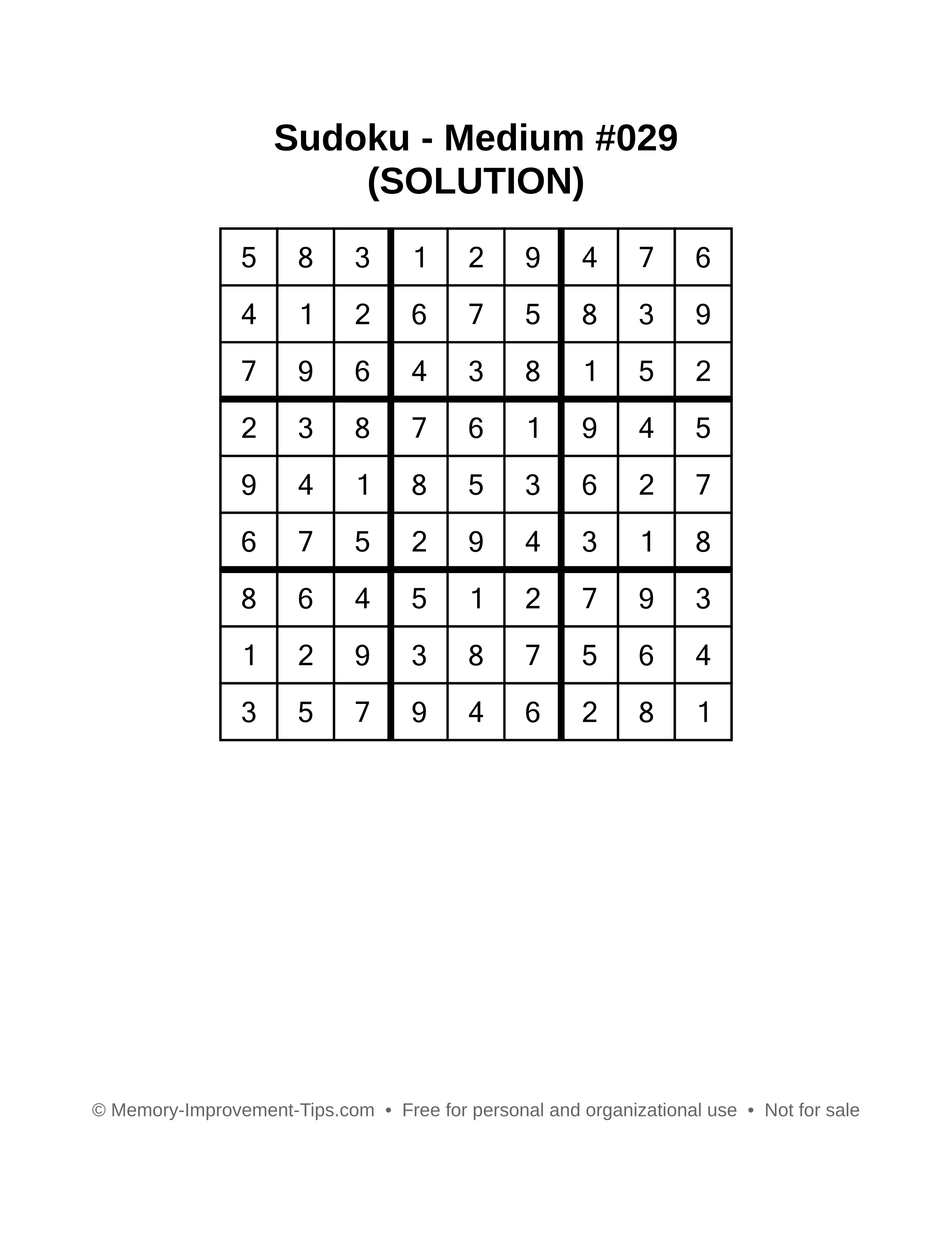 Printable Sudoku solution Medium #029
