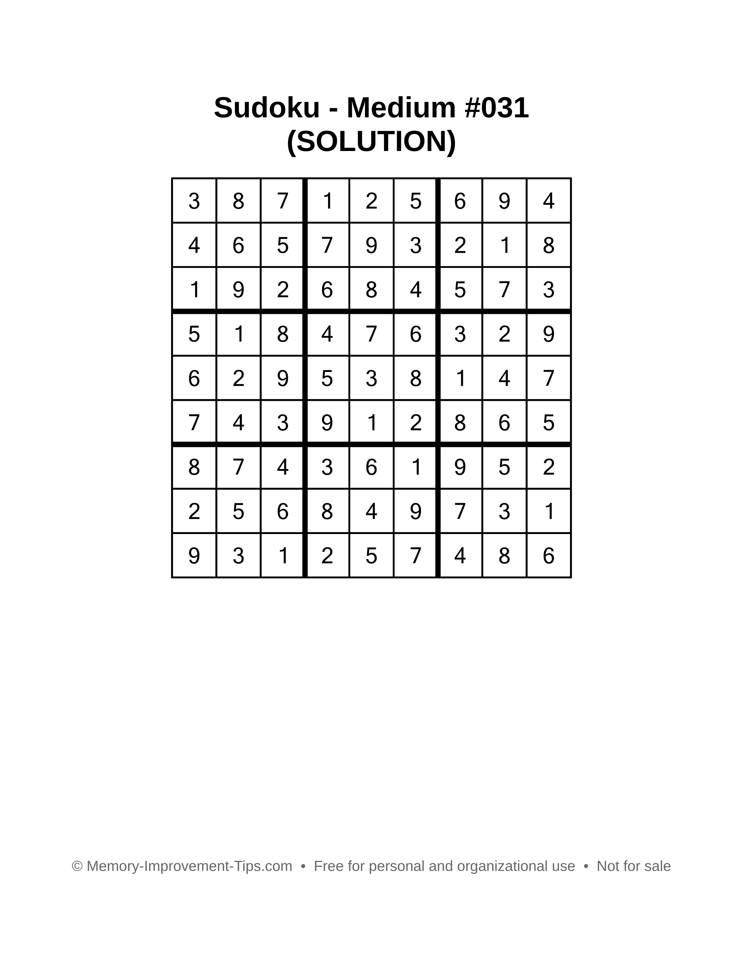 Printable Sudoku solution Medium #031
