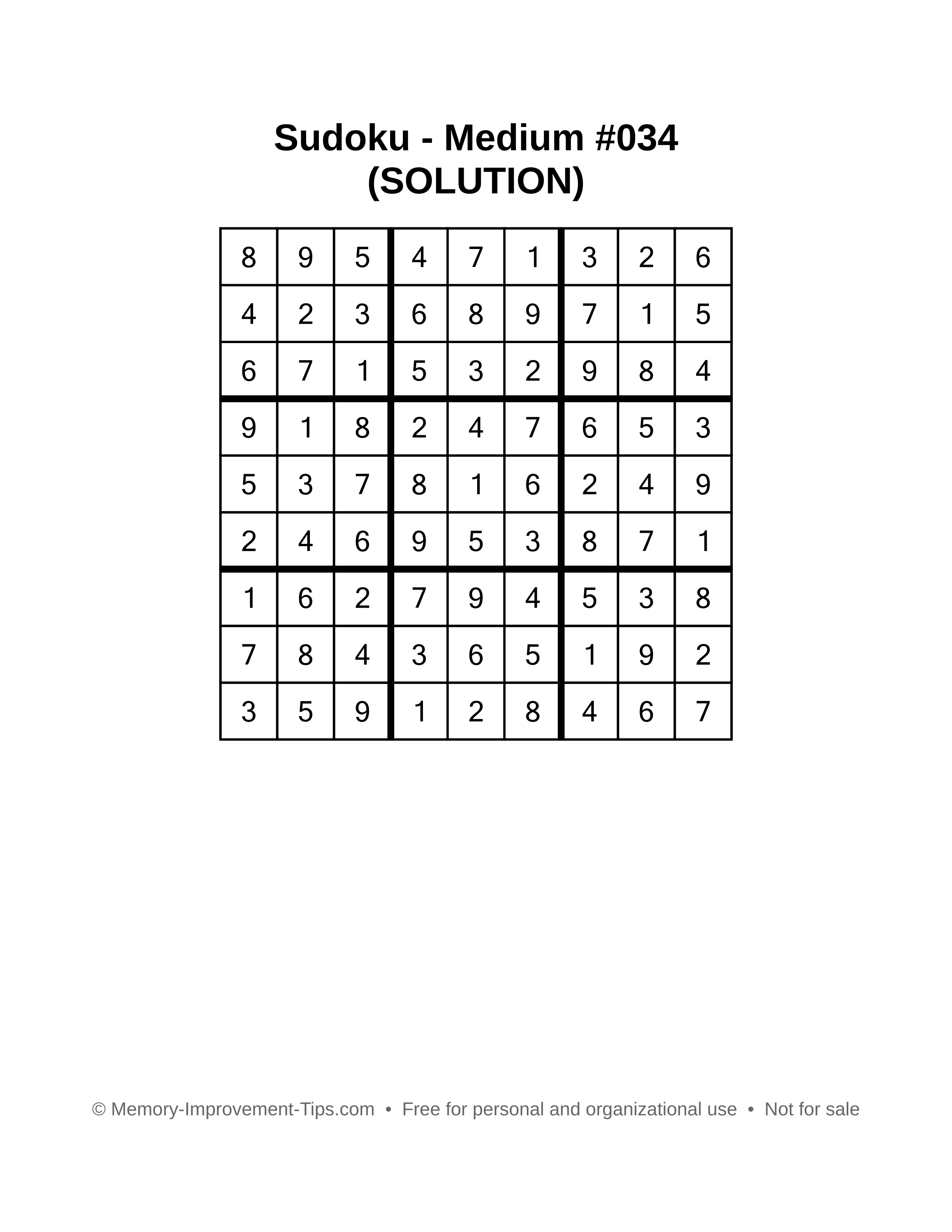Printable Sudoku solution Medium #034