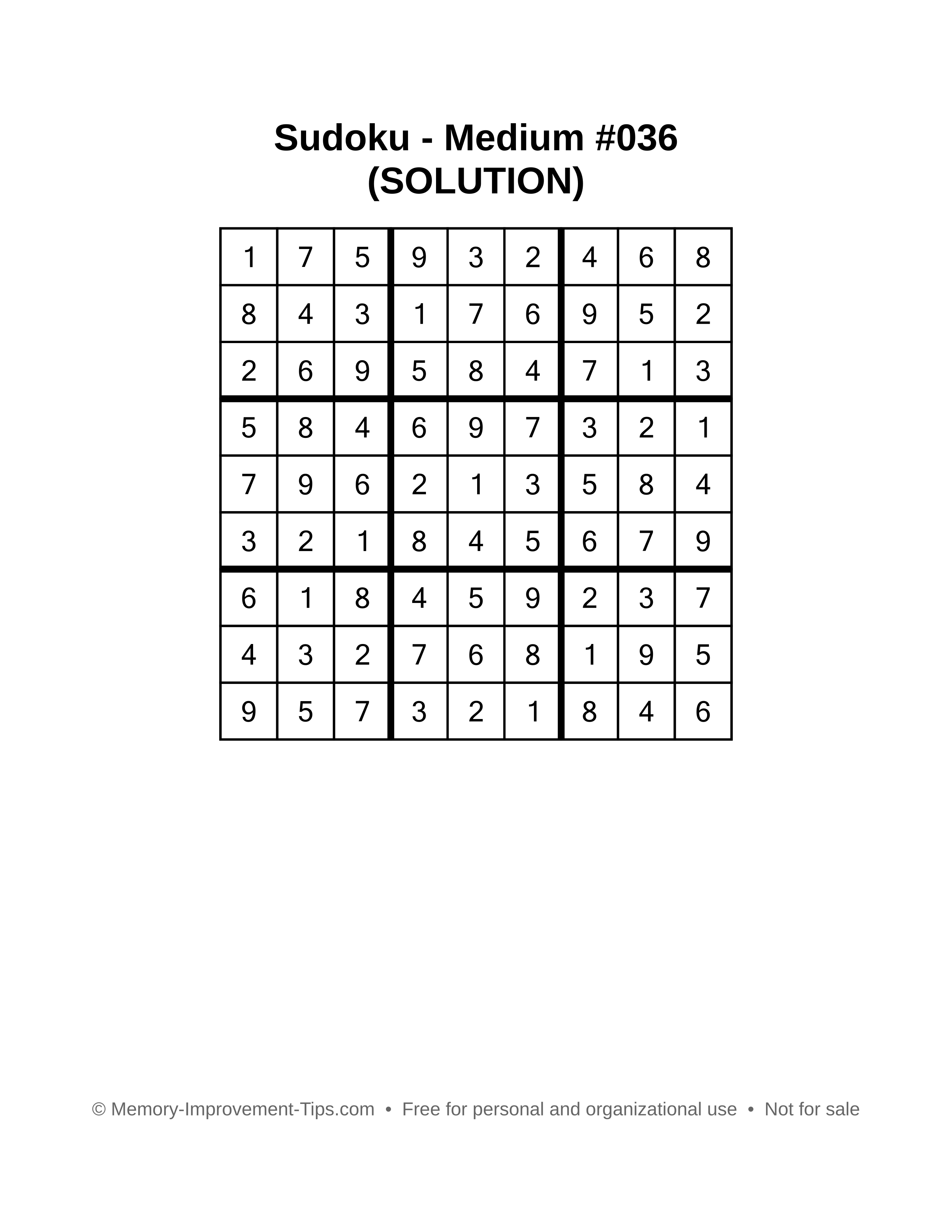 Printable Sudoku solution Medium #036