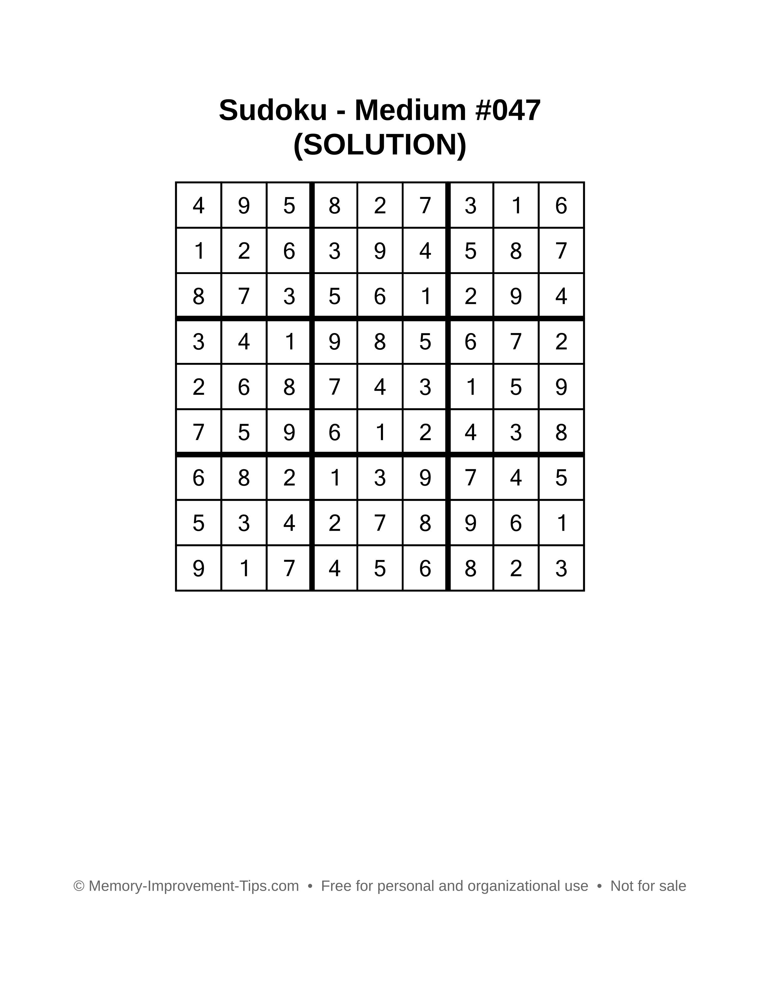 Printable Sudoku solution Medium #047