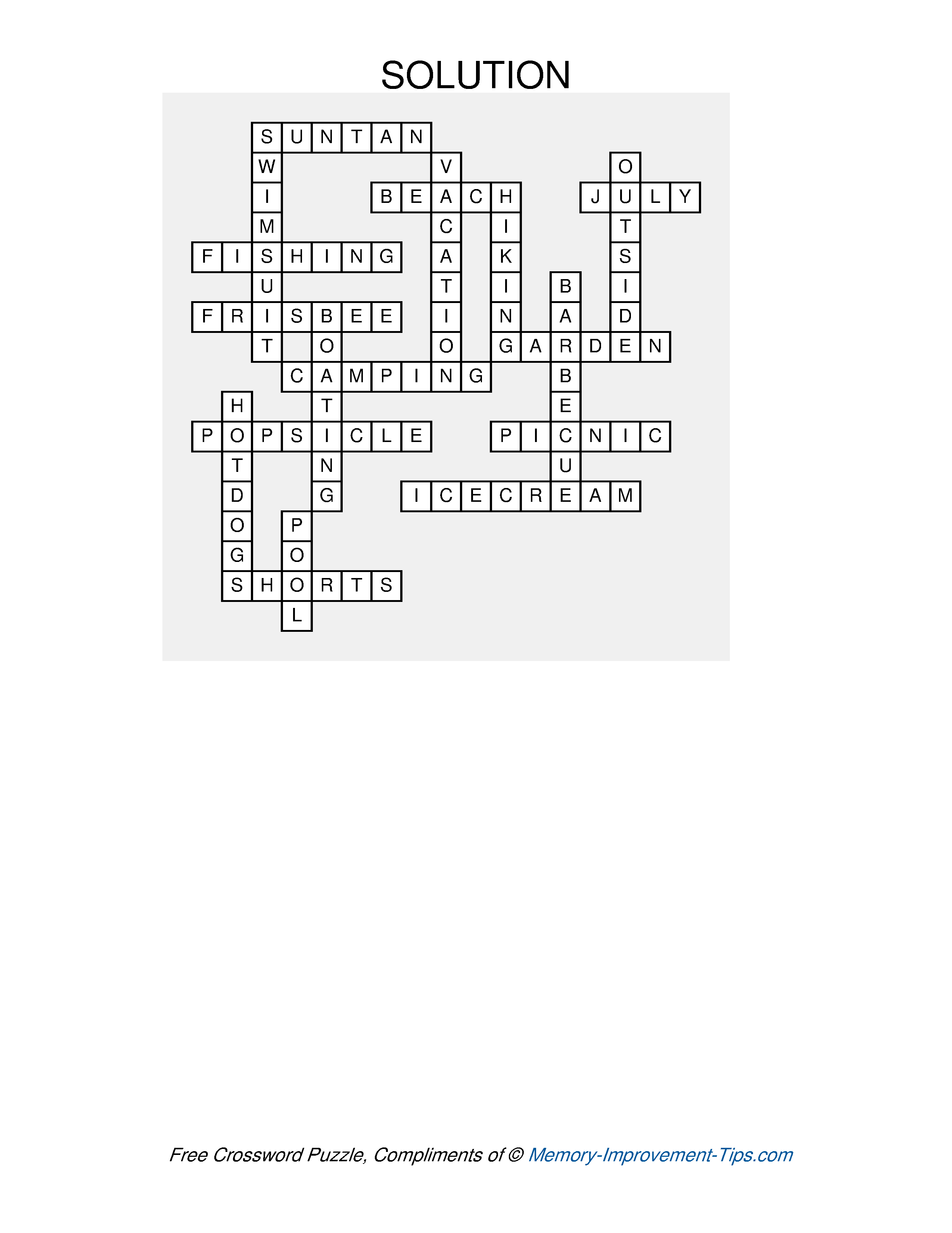 Answer key for the Summer Crossword Puzzle