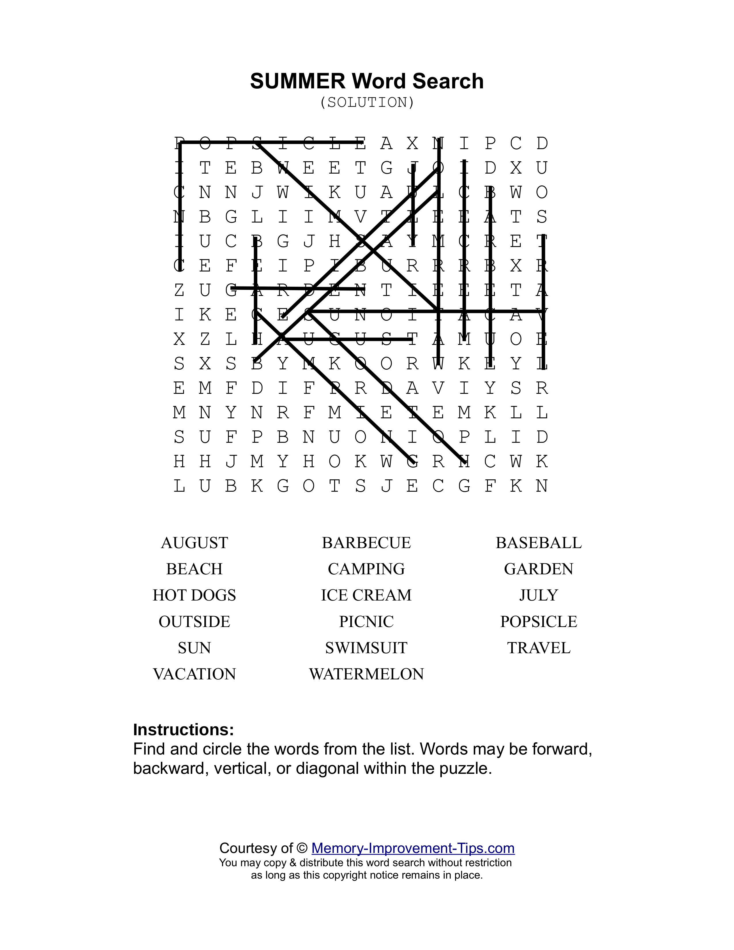 Summer word search printable solution
