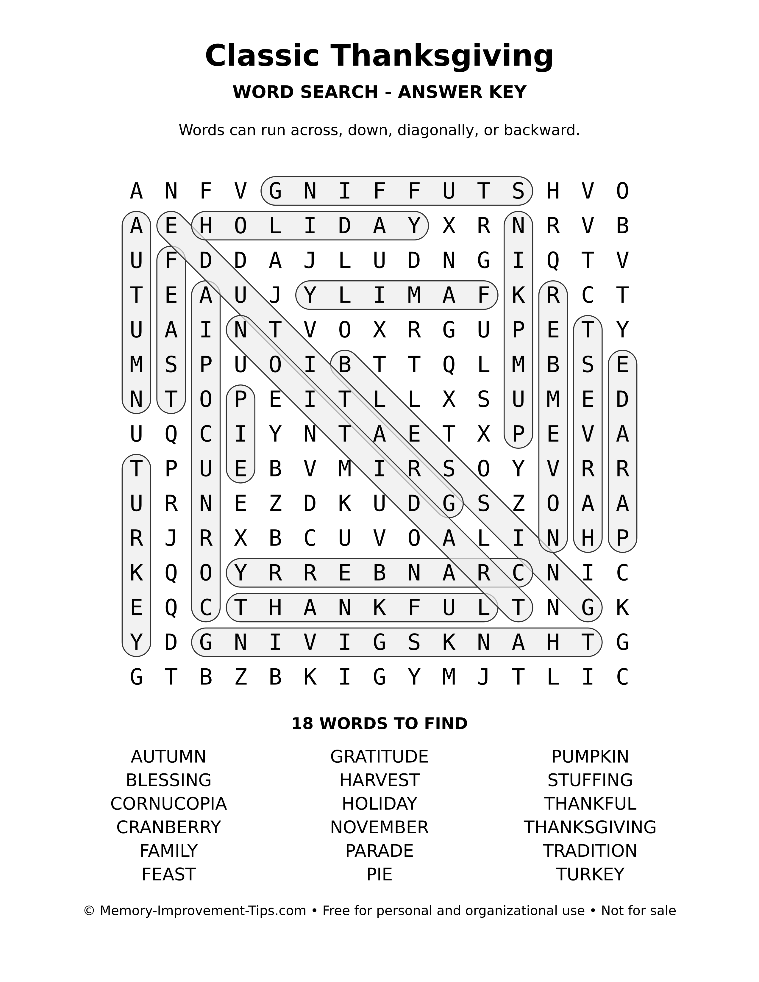 Answer key for Classic Thanksgiving word search