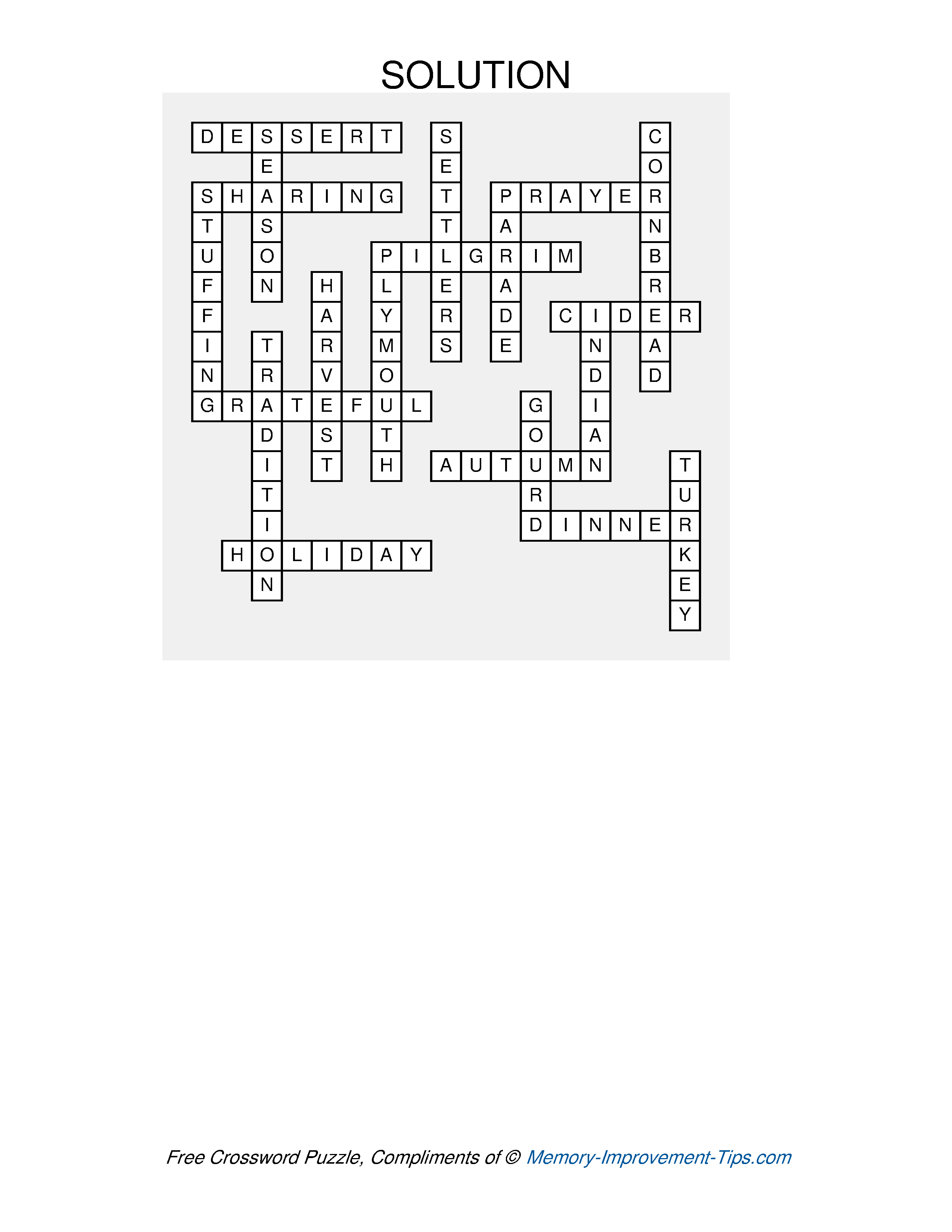 Answer key for the Thanksgiving Crossword Puzzle