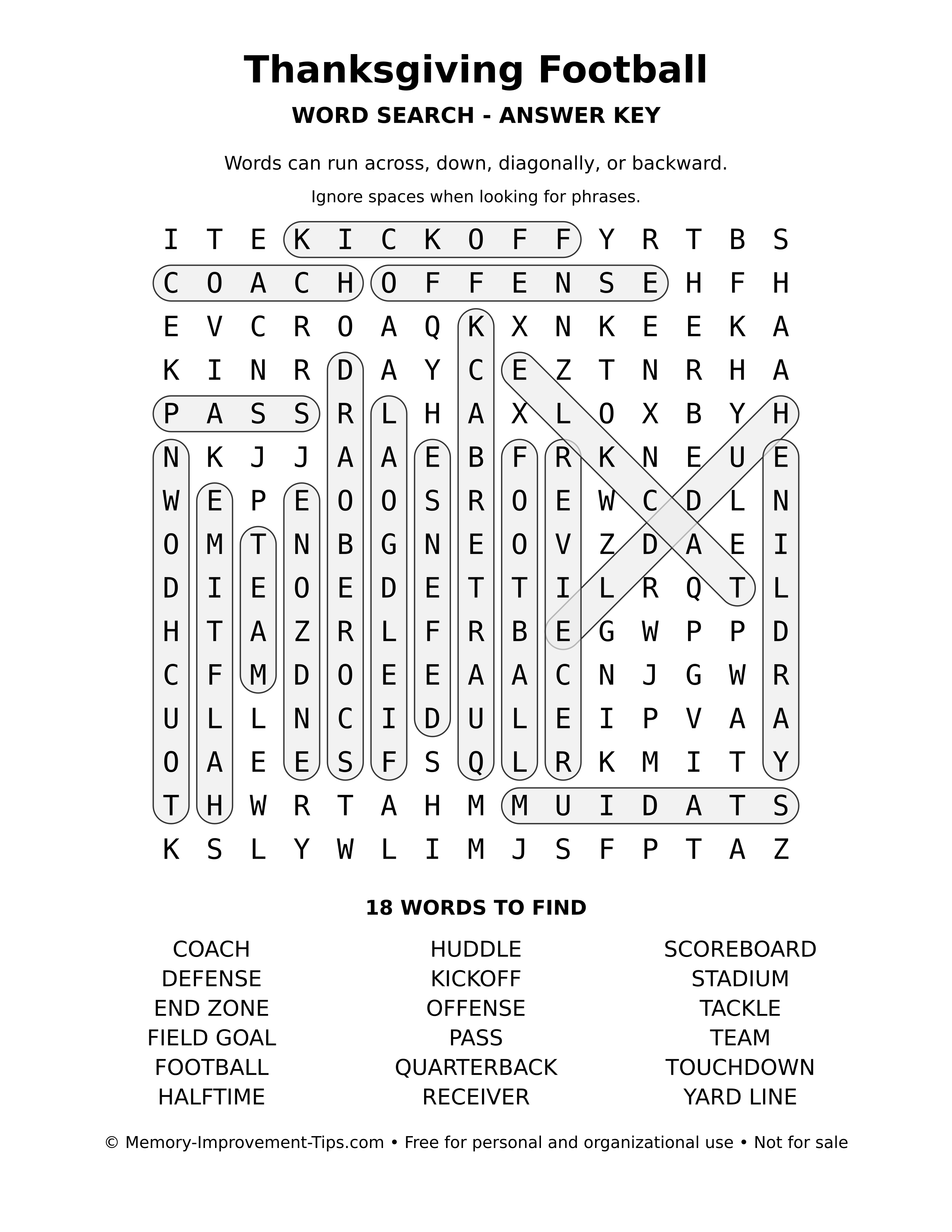 Answer key for Thanksgiving Football word search