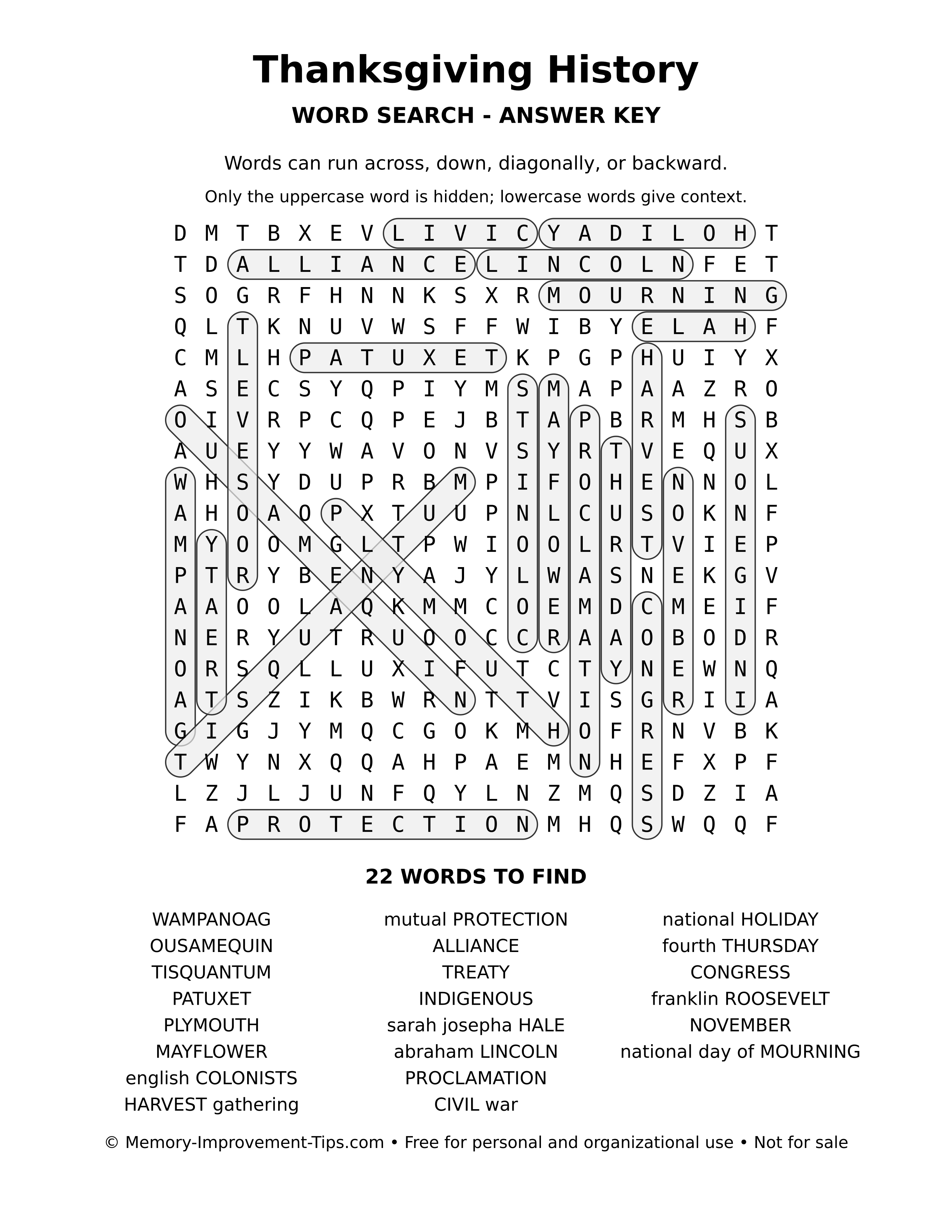 Answer key for Thanksgiving History word search