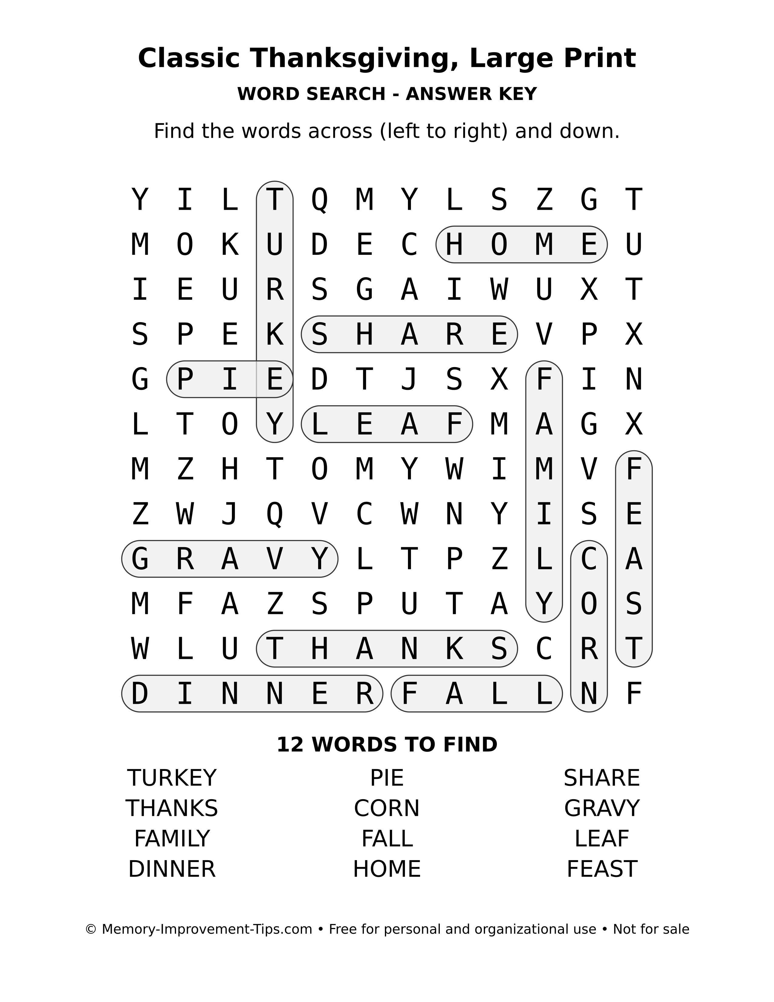 Answer key for Classic Thanksgiving, Large Print word search