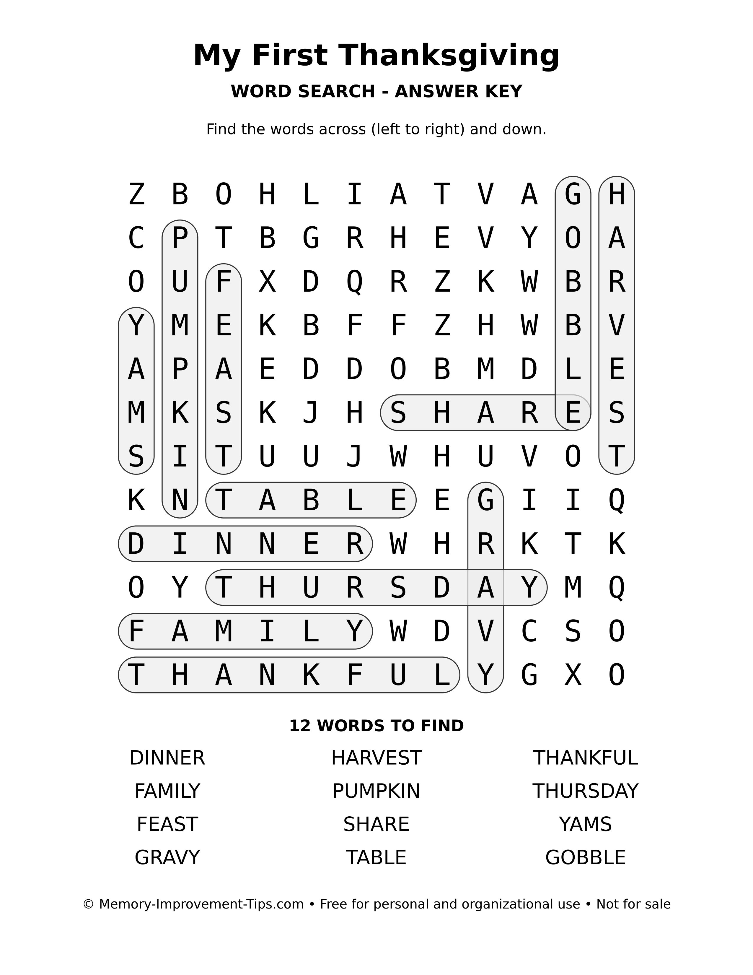 Answer key for My First Thanksgiving word search