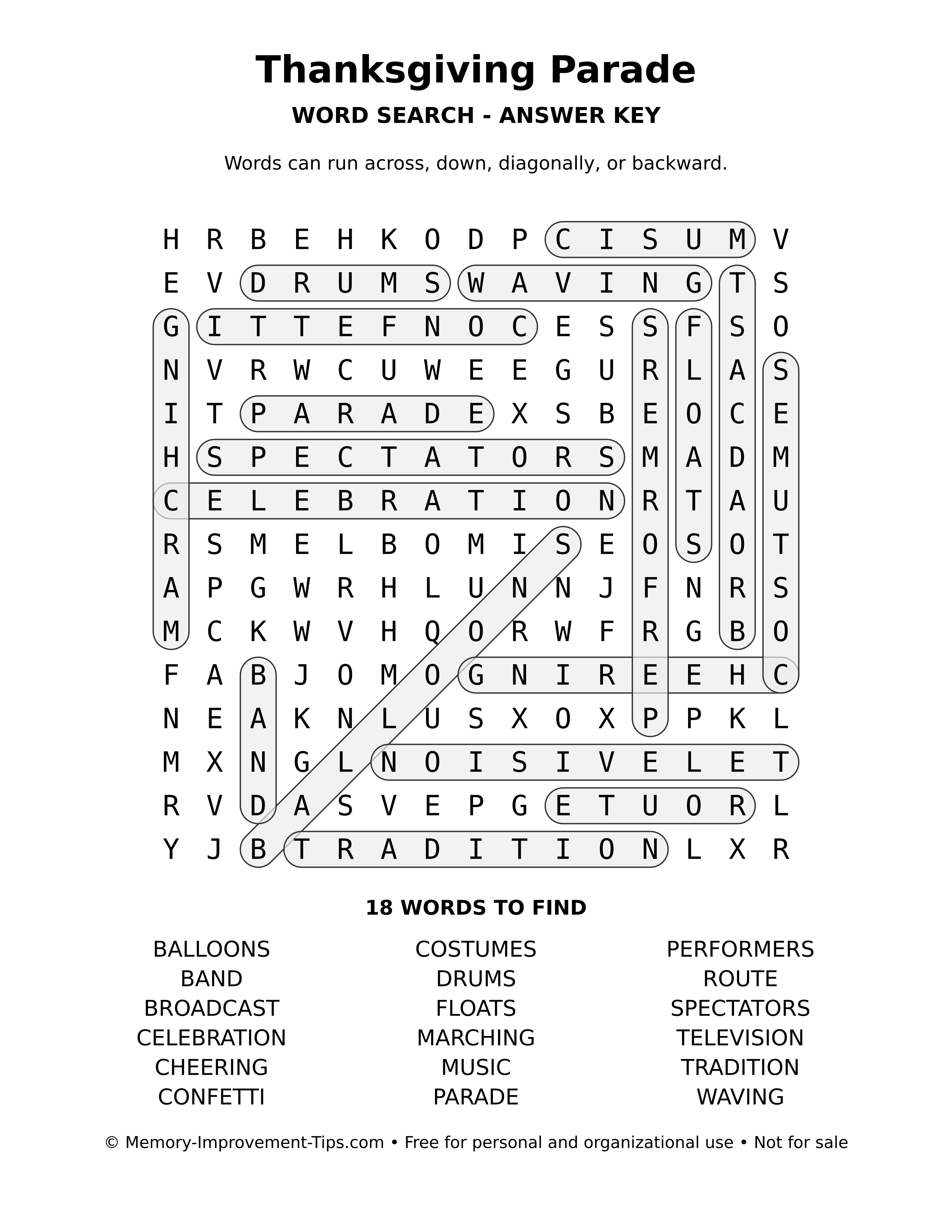 Answer key for Thanksgiving Parade word search