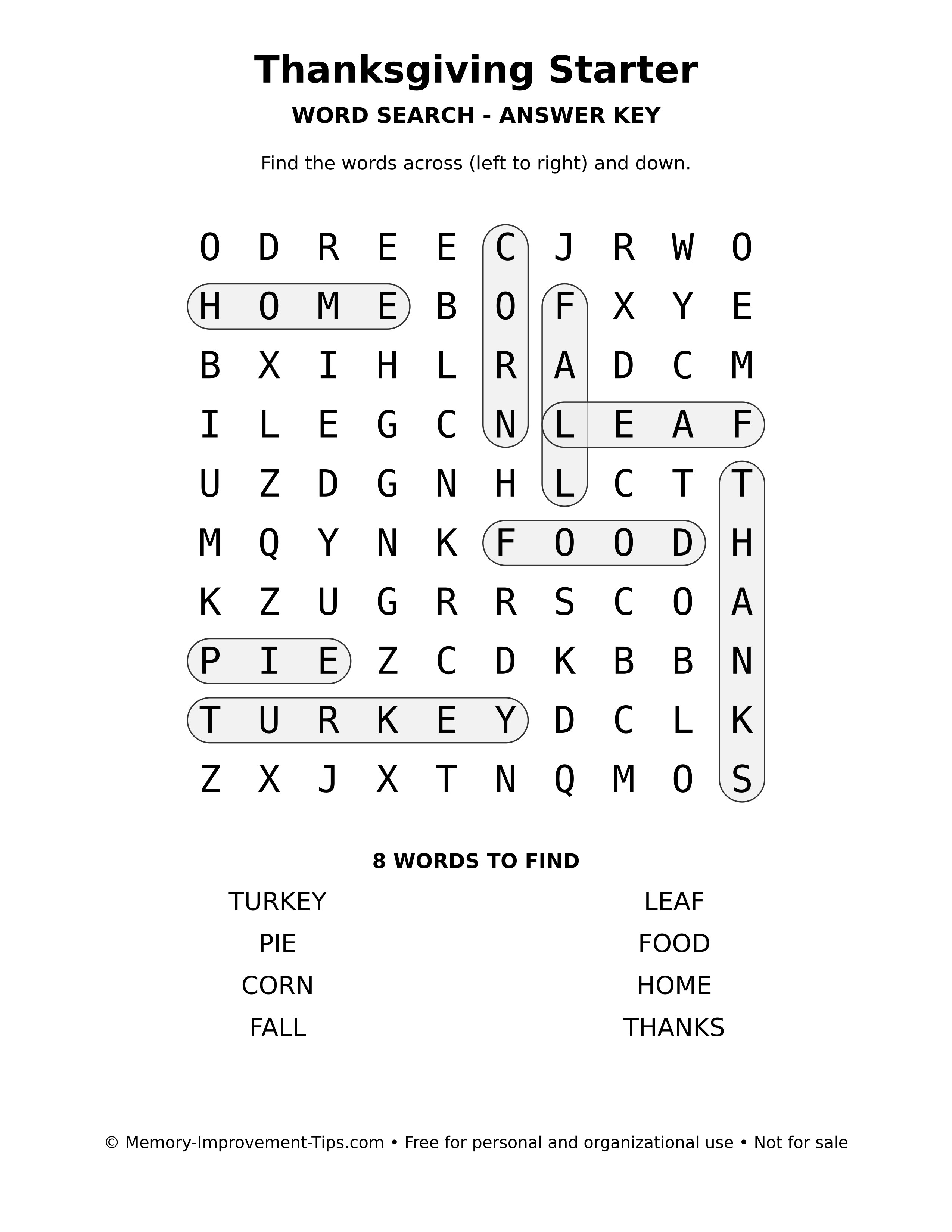 Answer key for Thanksgiving Starter word search