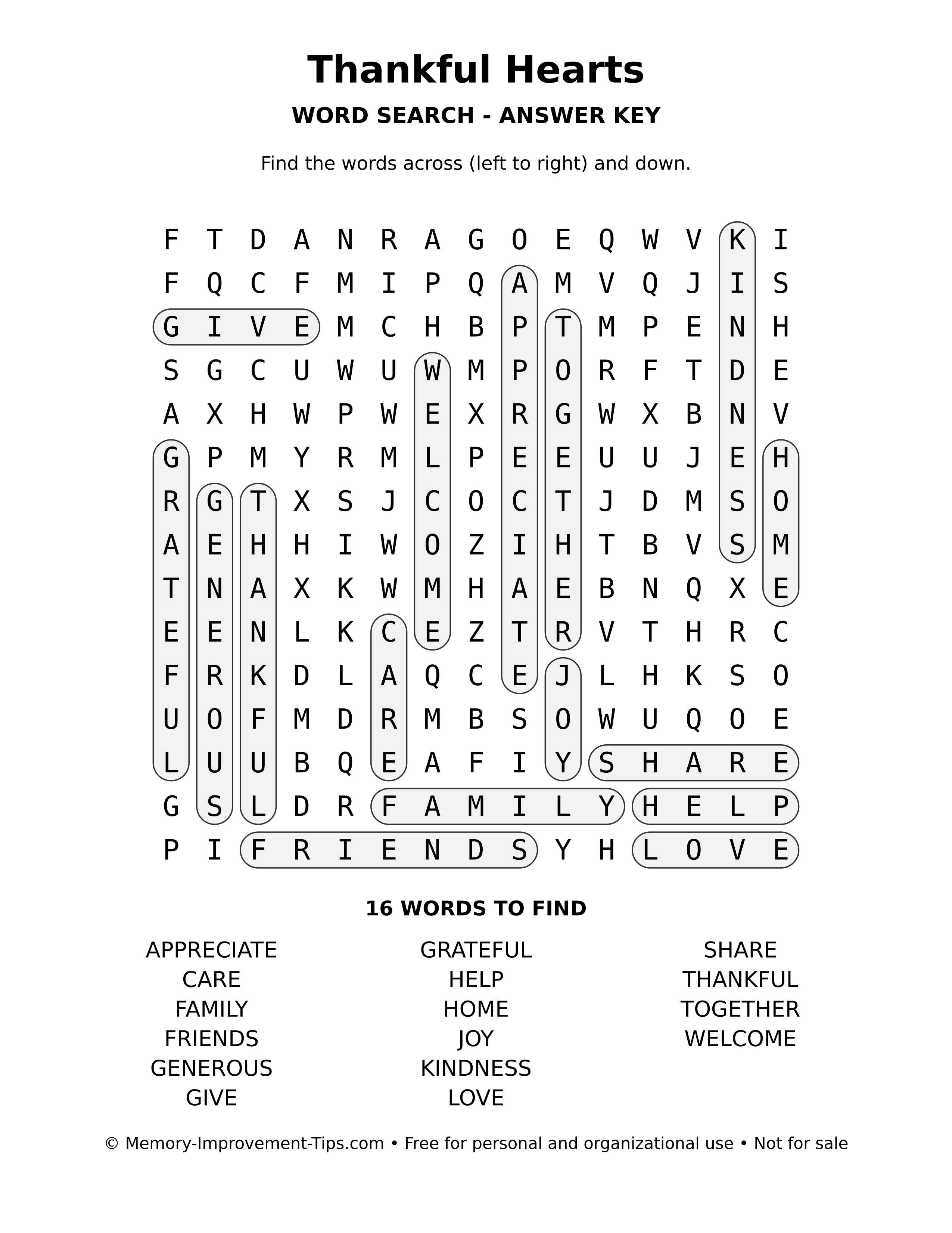 Answer key for Thankful Hearts word search