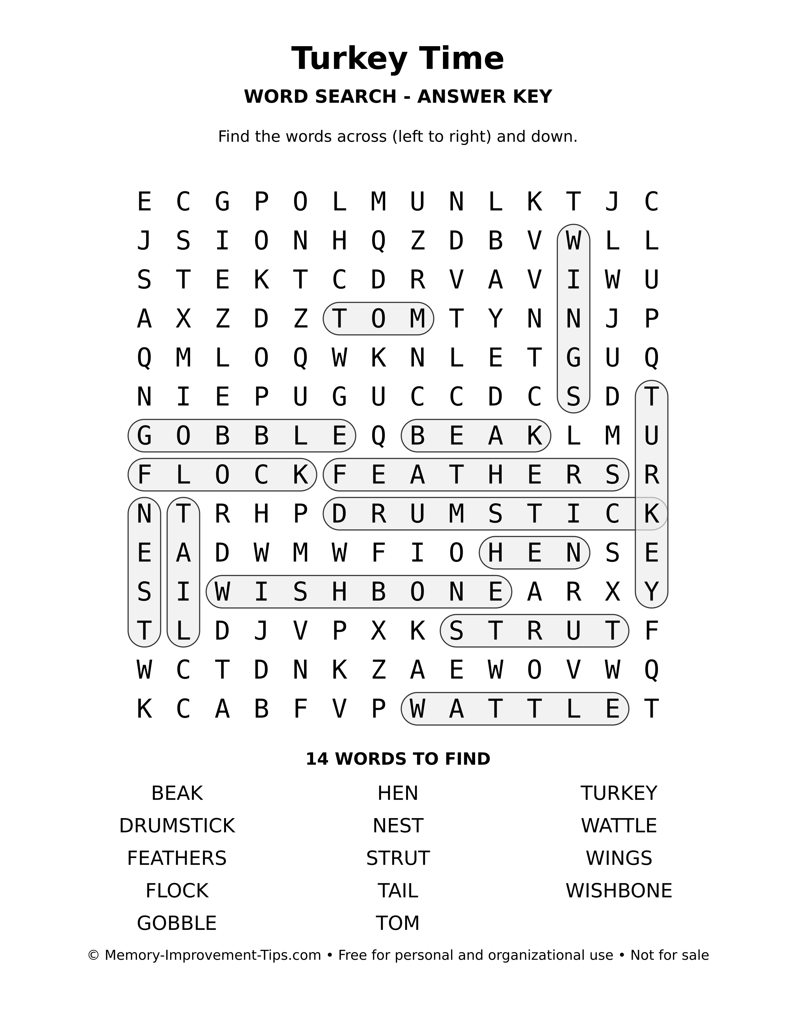 Answer key for Turkey Time word search