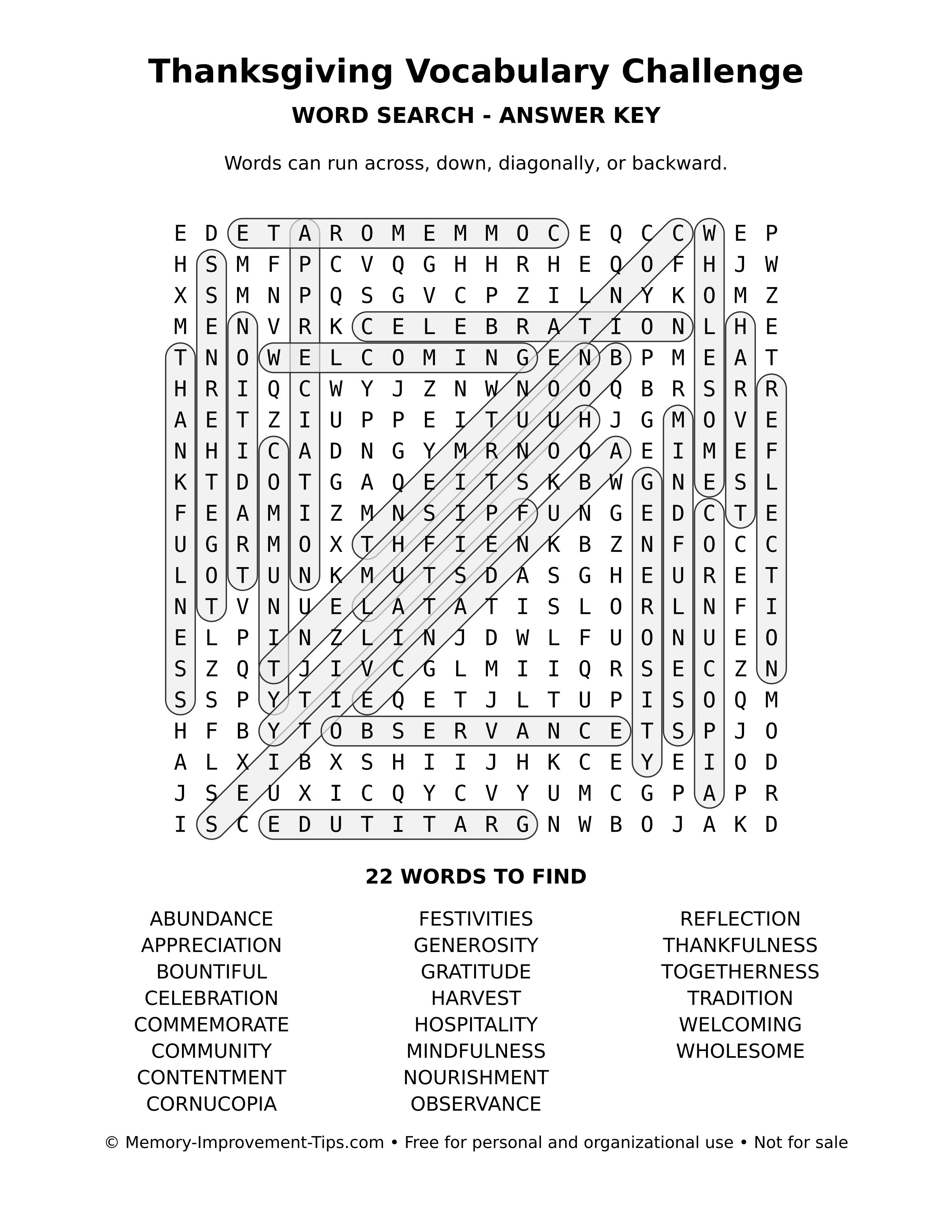Answer key for Thanksgiving Vocabulary Challenge word search