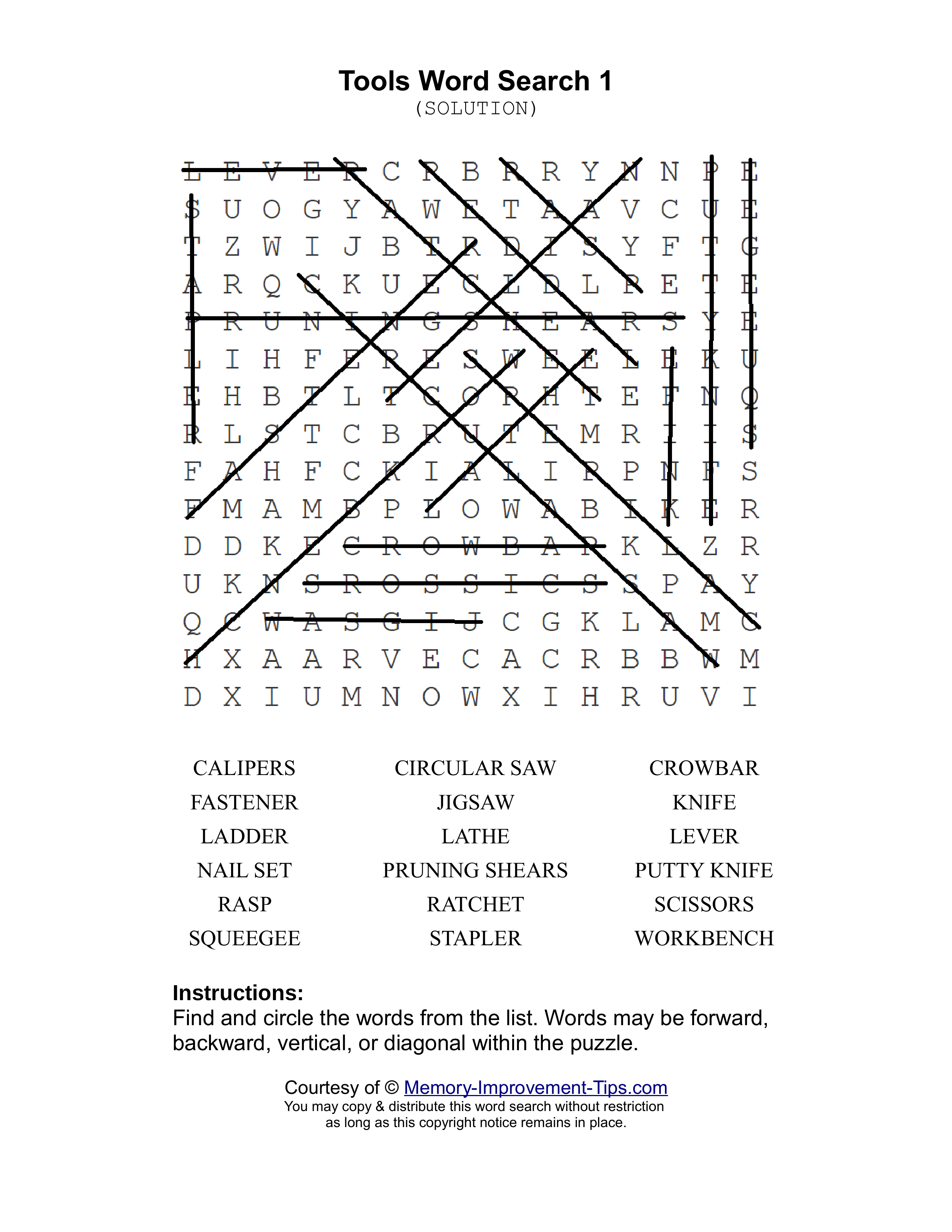 Tools 1 word search printable solution
