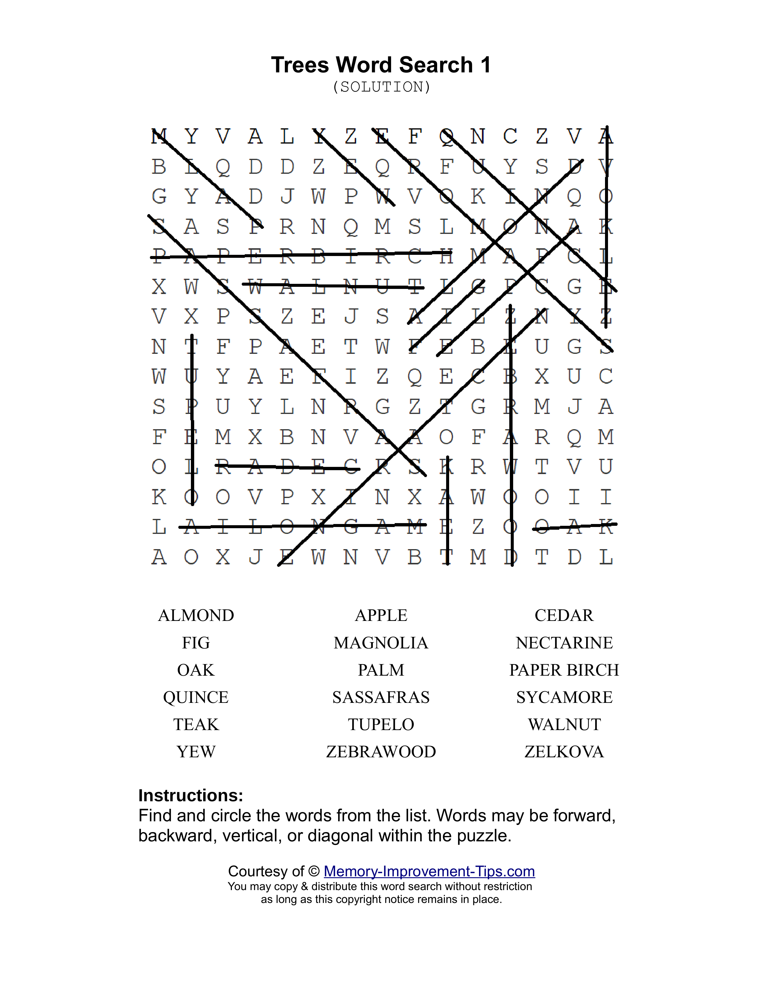 Trees 1 word search printable solution