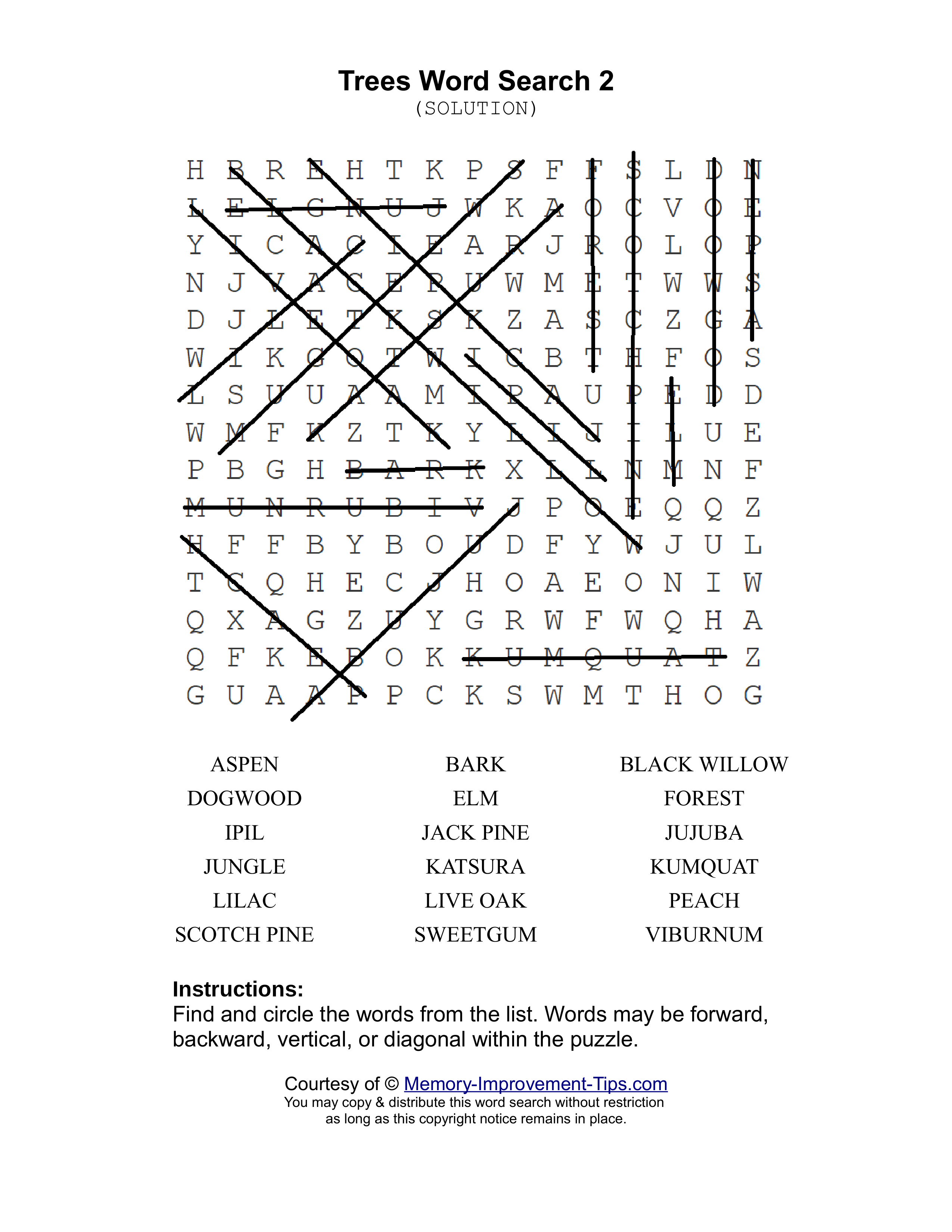 Trees 2 word search printable solution