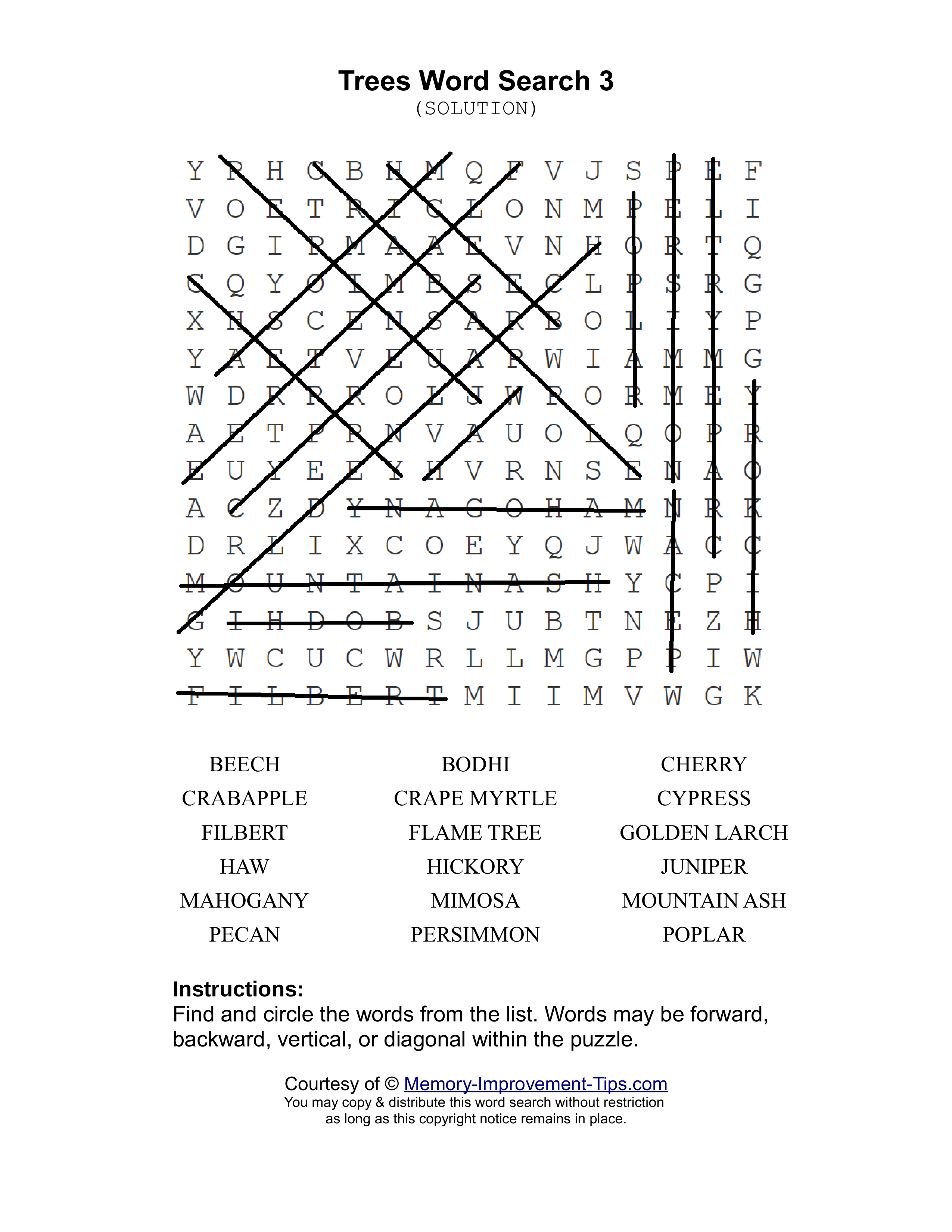 Trees 3 word search printable solution