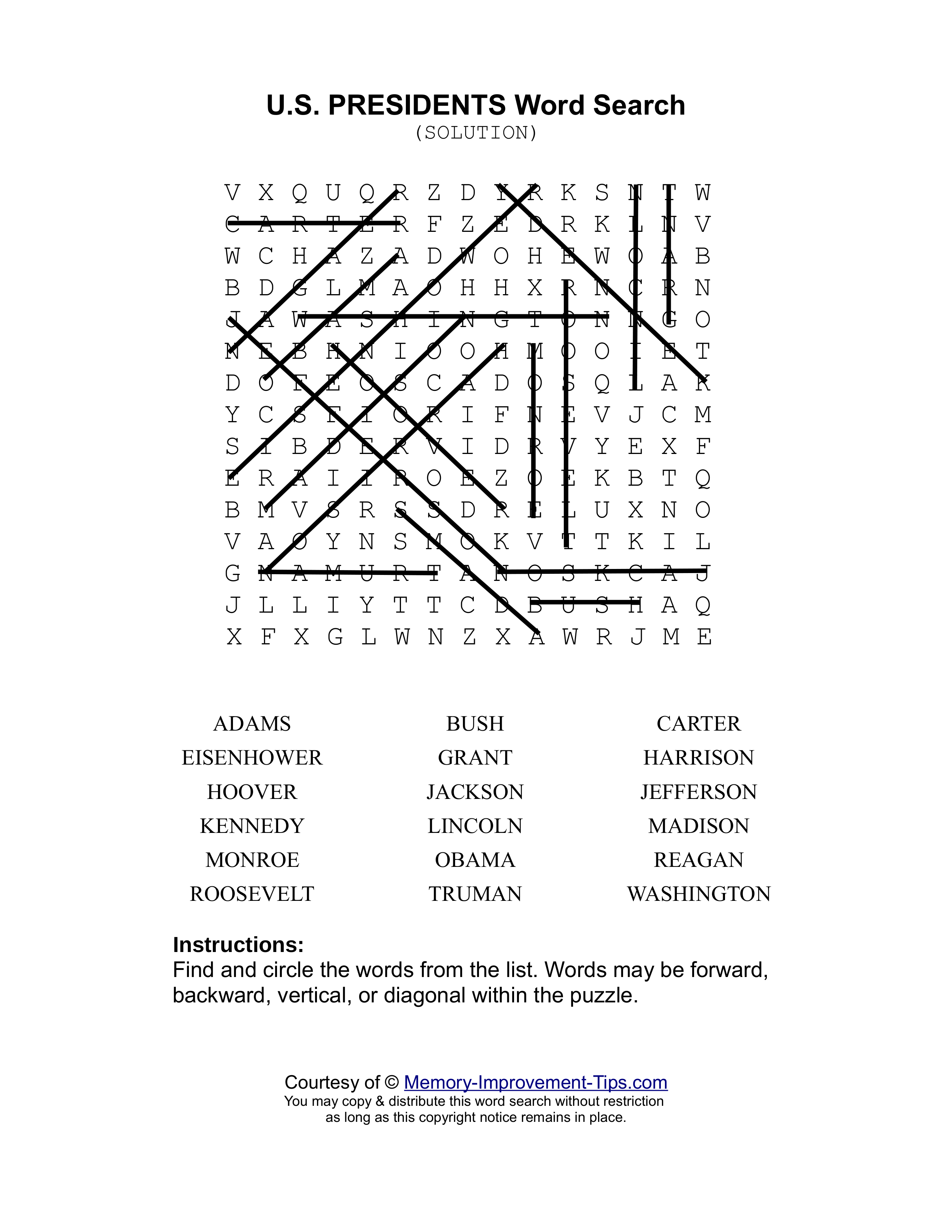 US Presidents word search printable solution