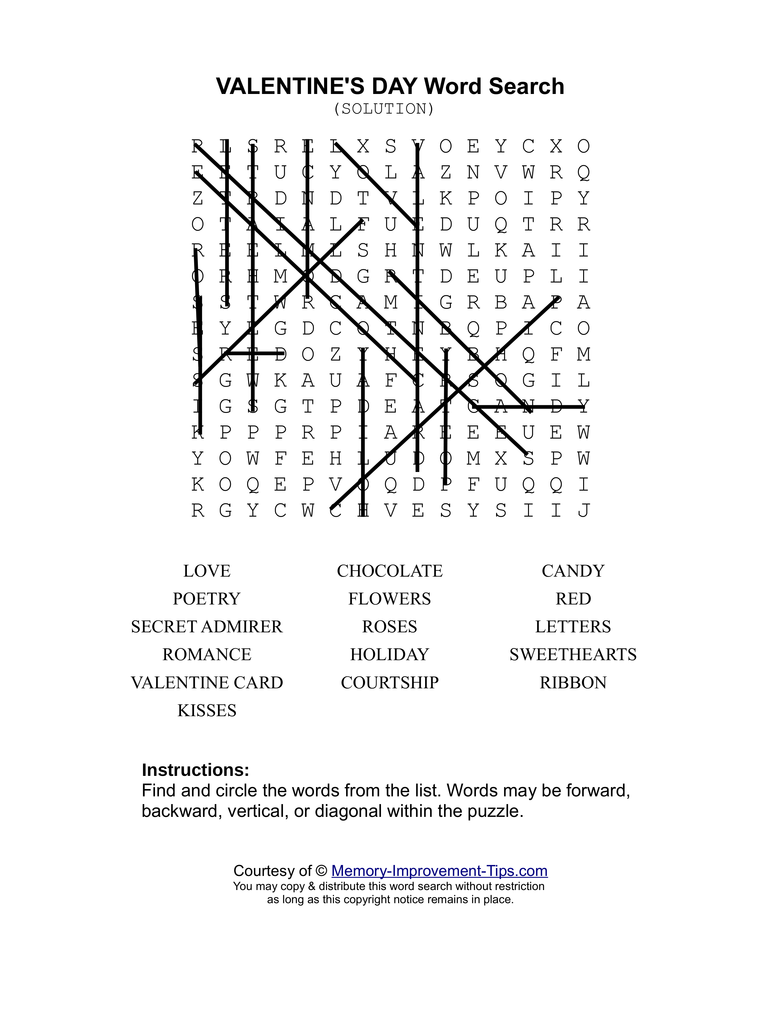 Valentine's Day word search printable solution