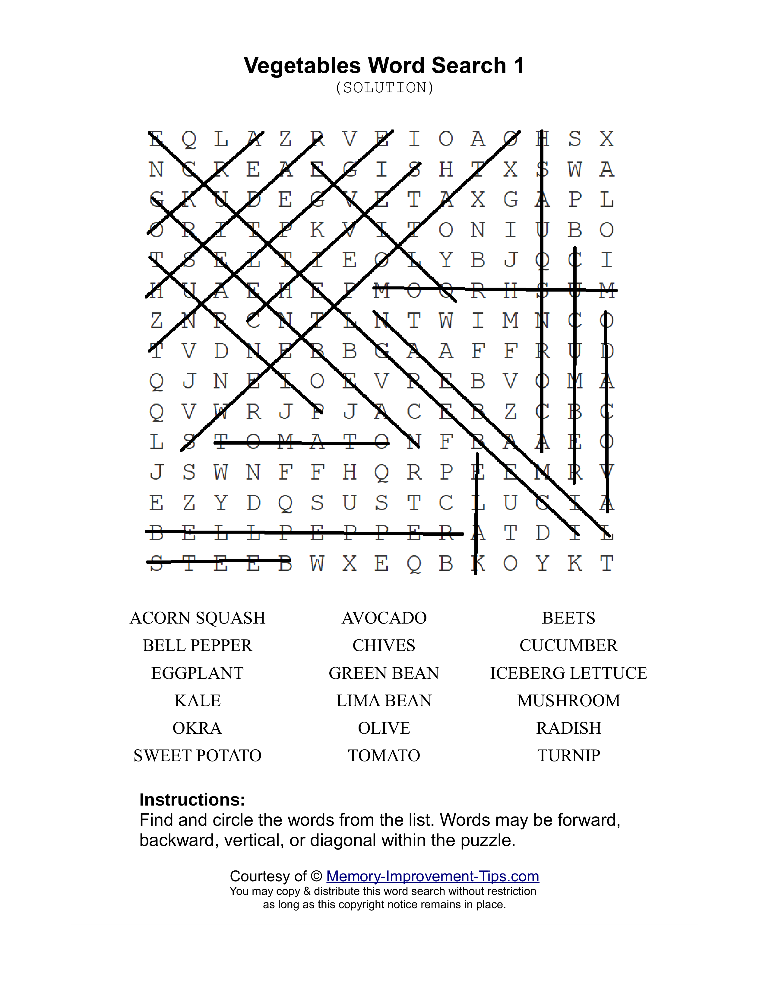 Vegetables 1 word search printable solution