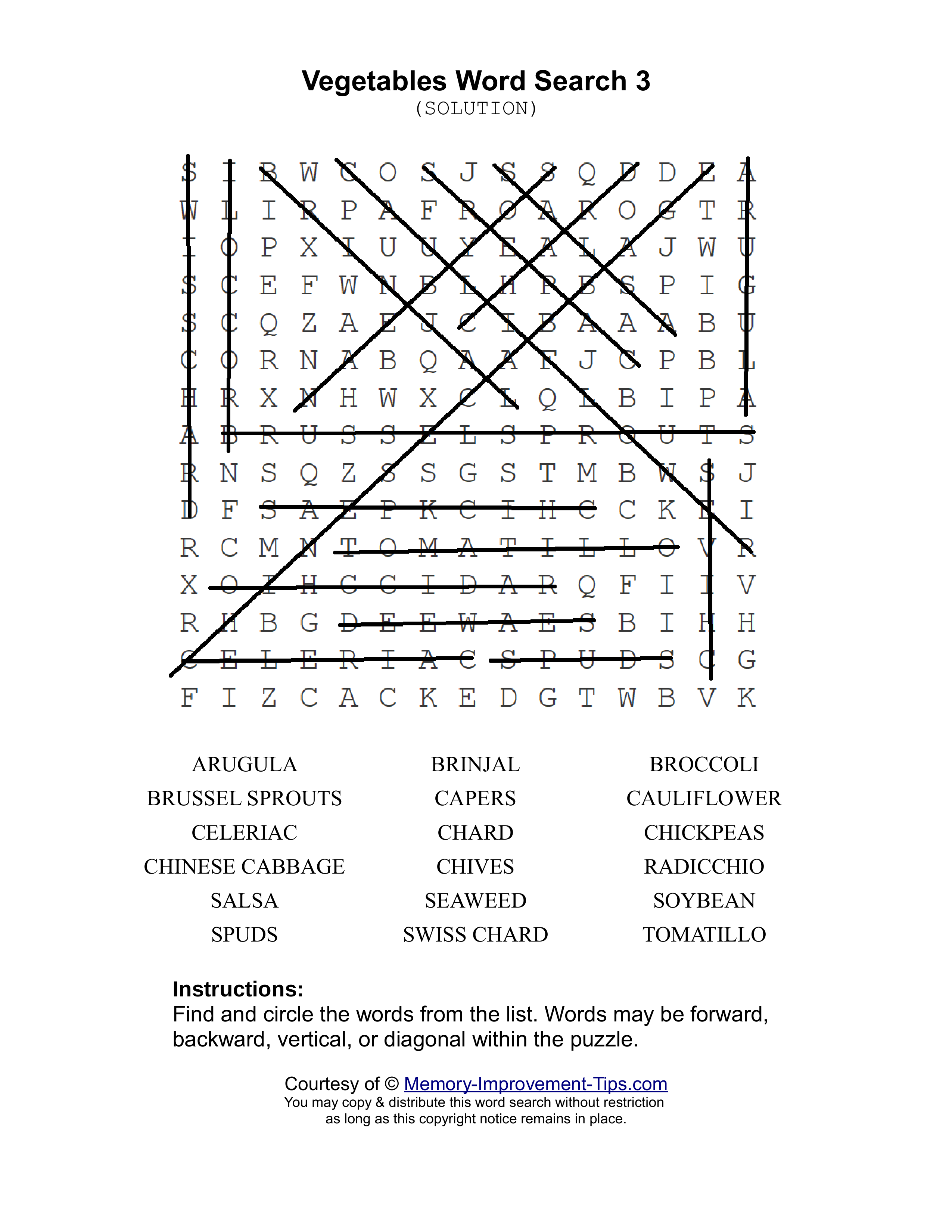 Vegetables 3 word search printable solution