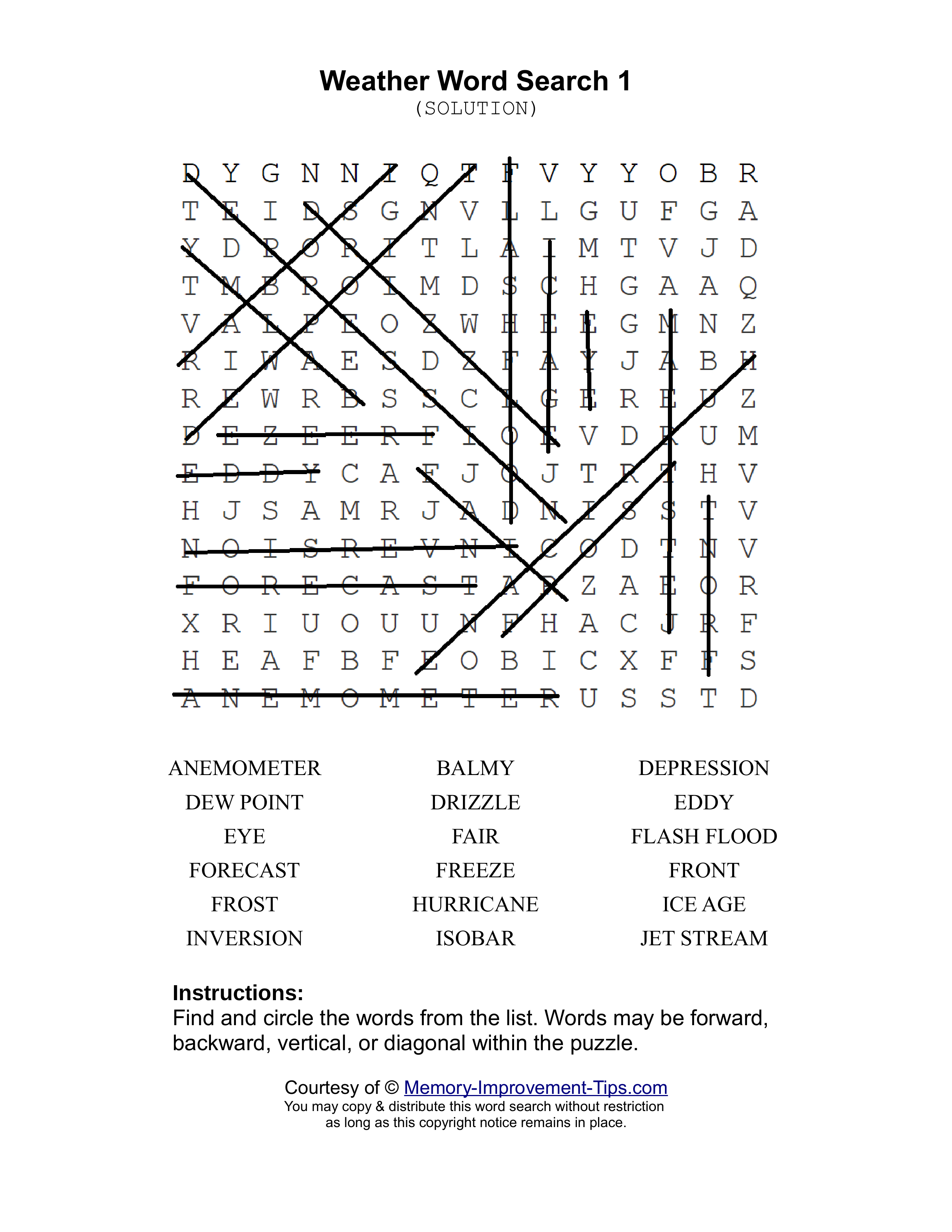 Weather 1 word search printable solution
