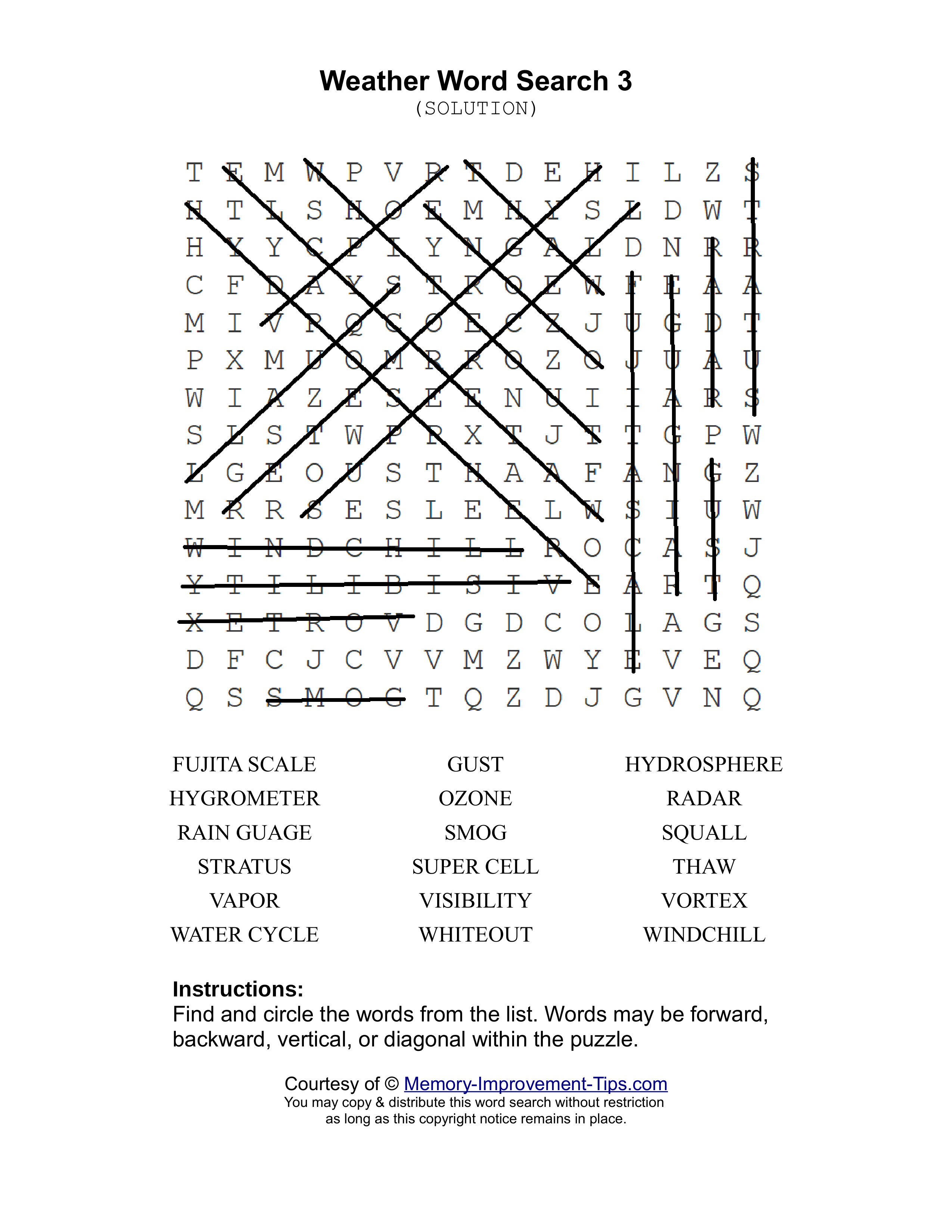 Weather 3 word search printable solution